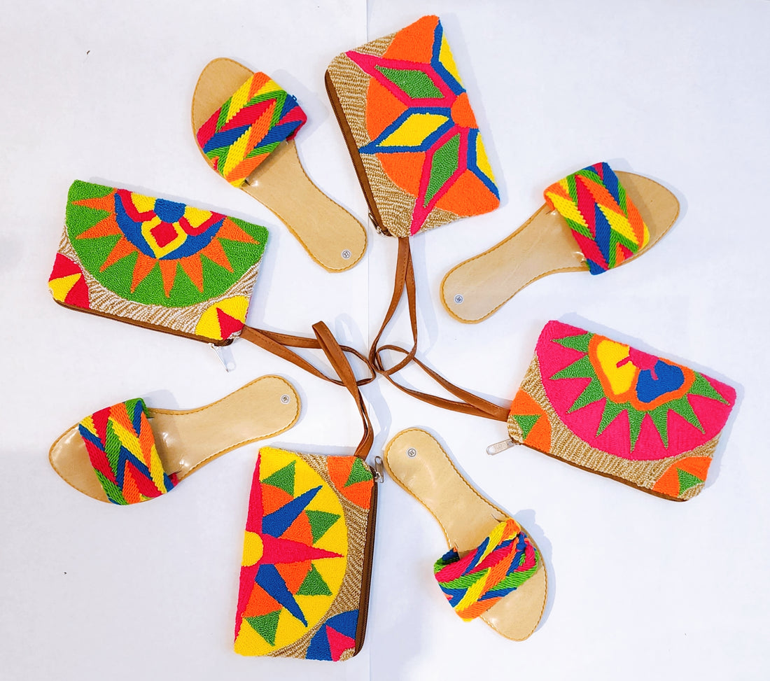 mandala made with wayuu clutches and wayuu sandals