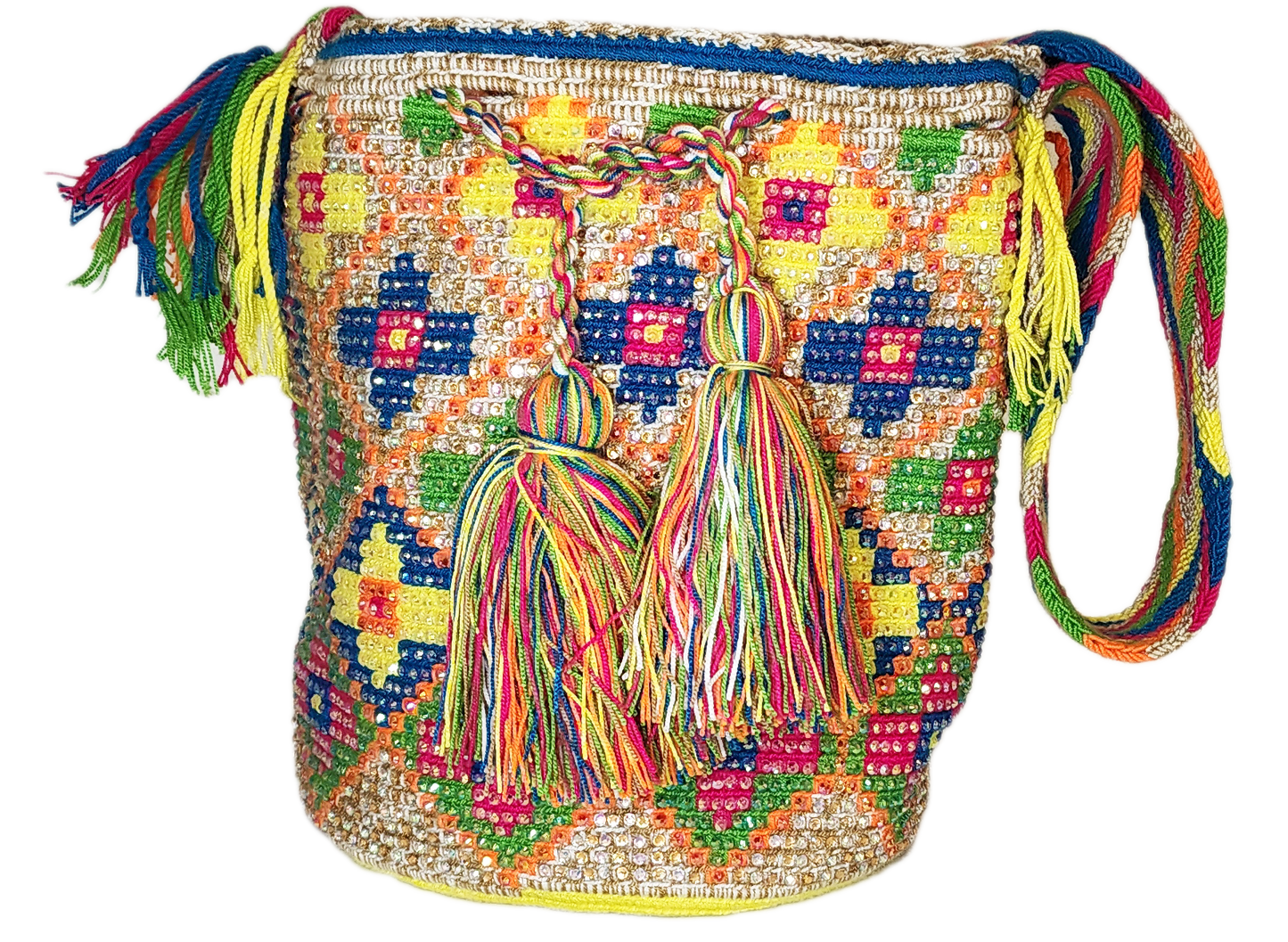 Margaret Handmade Crochet Wayuu Mochila Bag with Crystals - Wuitusu