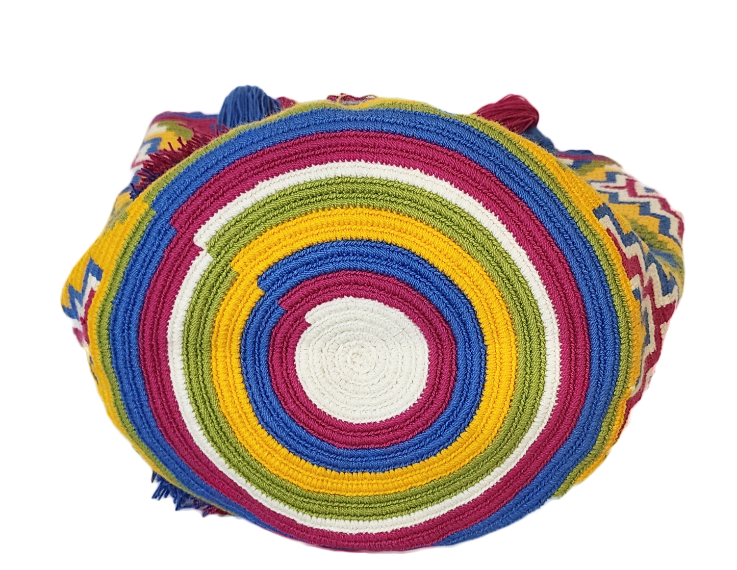 "Colorful handmade Wayuu crochet bag with a cascading waterfall design, crafted by skilled artisans, ideal for various occasi