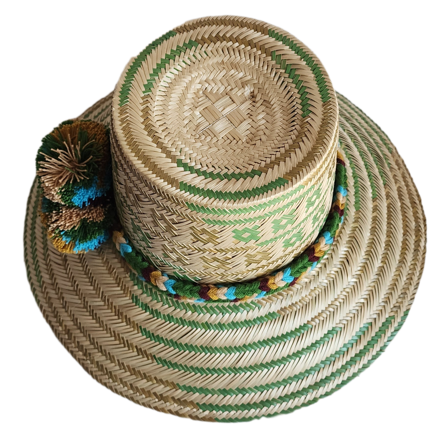 "Handmade colorful Wayuu hat woven from Iraca palm, adorned with culturally significant pompoms, adjustable fit."