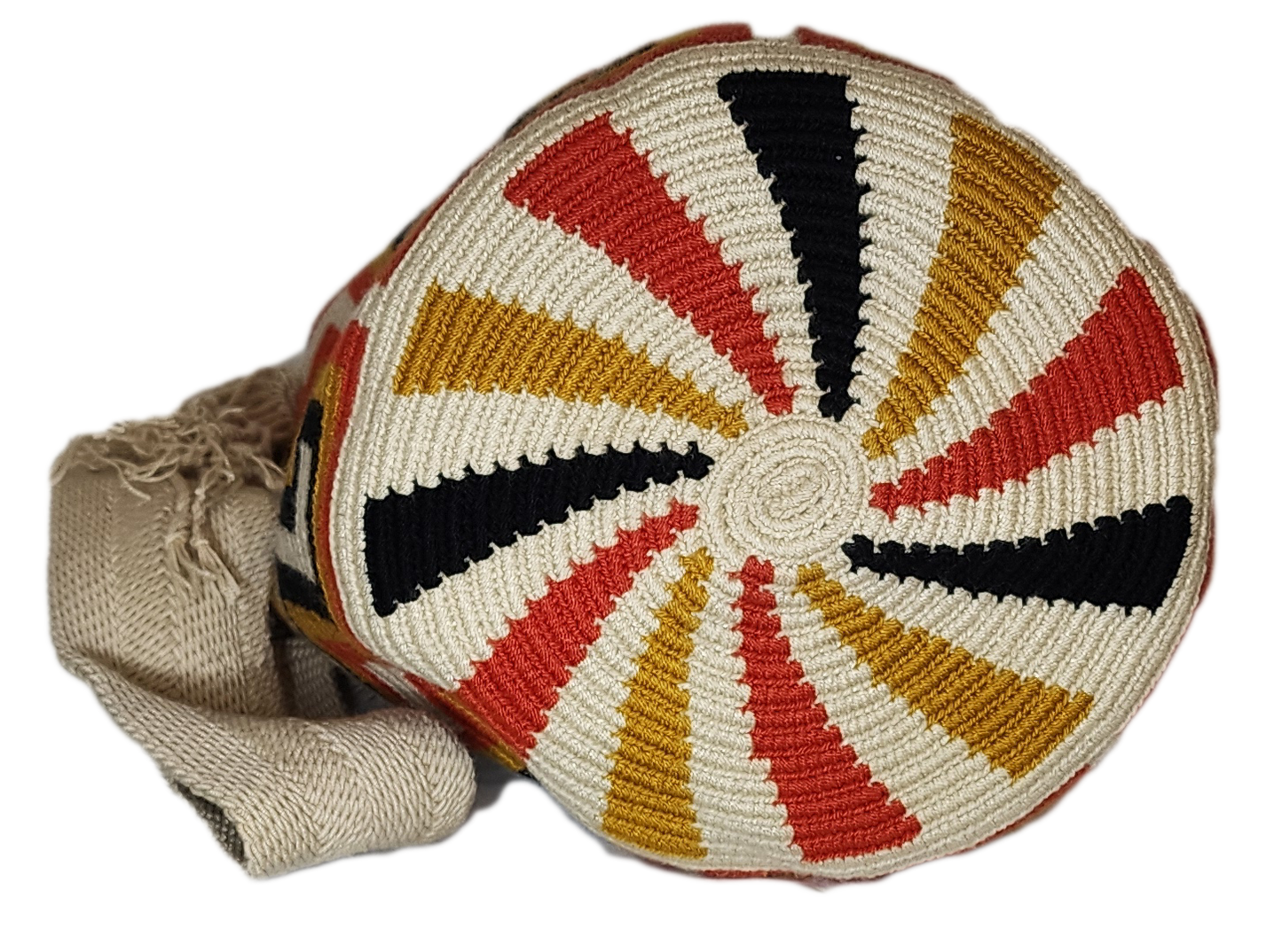 "Colorful handmade crochet Wayuu bag with adjustable strap, showcasing intricate patterns and vibrant craftsmanship."