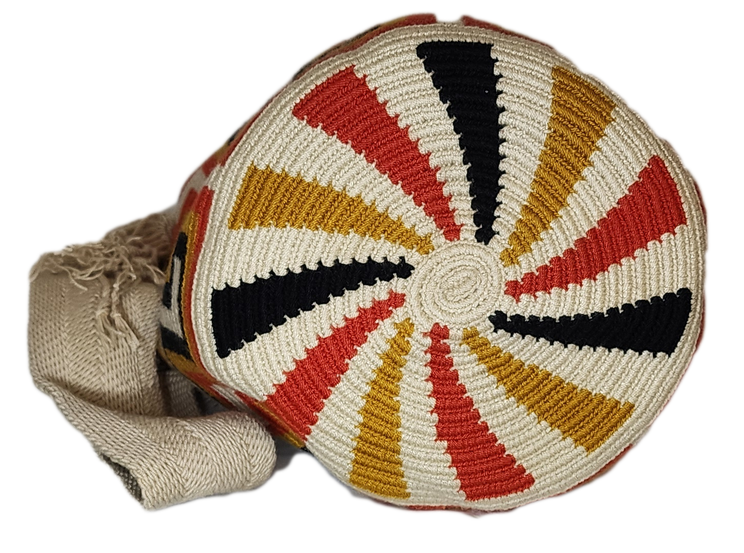 "Colorful handmade crochet Wayuu bag with adjustable strap, showcasing intricate patterns and vibrant craftsmanship."