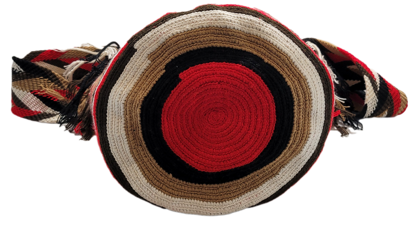"Colorful handmade Wayuu crochet bag with intricate geometric patterns and adjustable strap, showcasing traditional Colombian