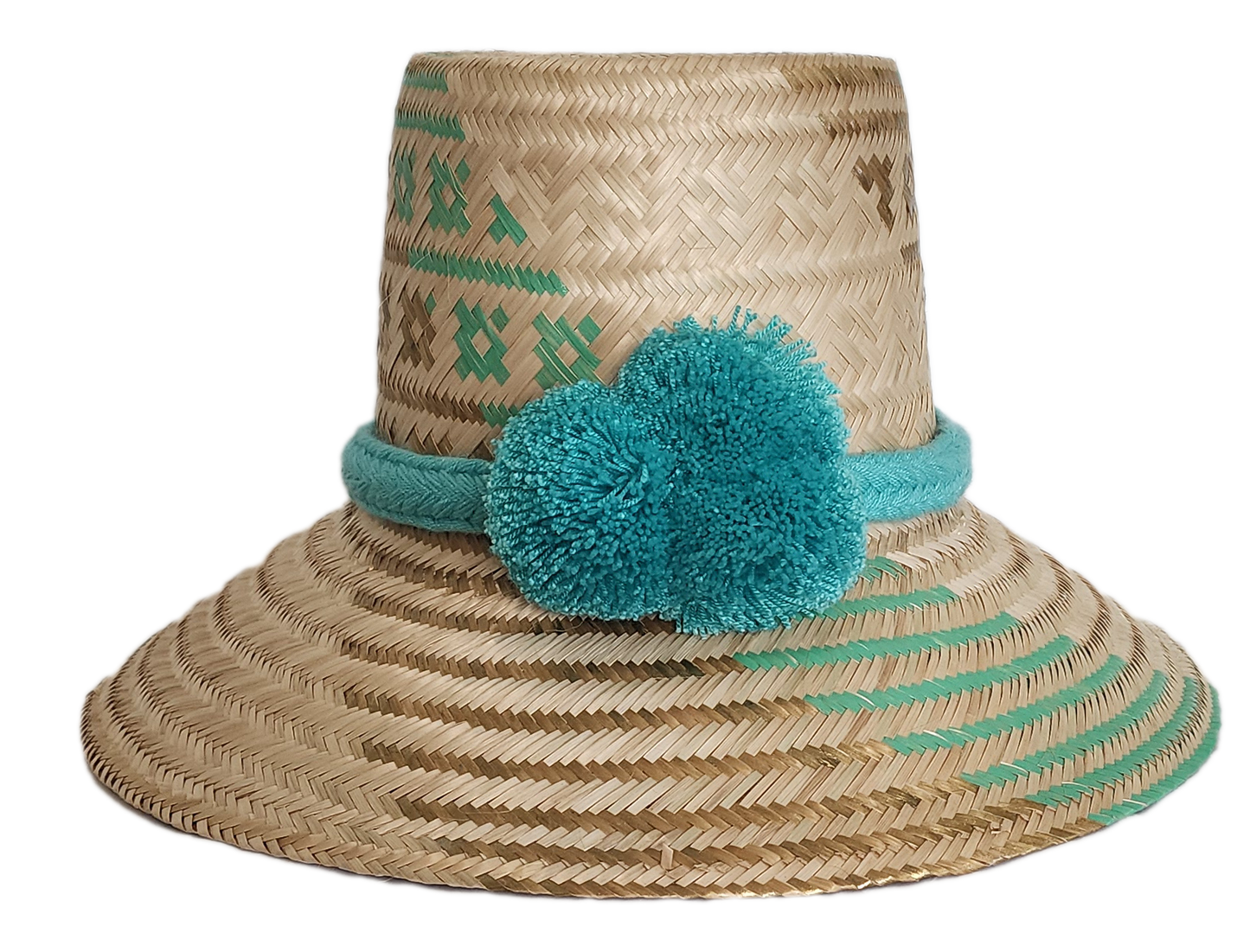 Boho Wayuu straw hat in natural tones with aqua green tribal weave, matching braided band, and teal pom-poms — a minimalist, colorful, and handcrafted bohemian accessory perfect for summer.