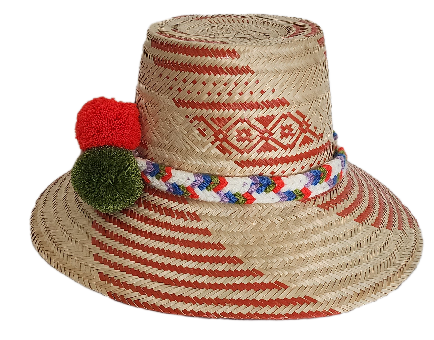 Boho Wayuu straw hat with red artisan weave, a multicolor braided band, and playful pom-poms in red, white, and green — a colorful, handcrafted bohemian straw hat perfect for summer.