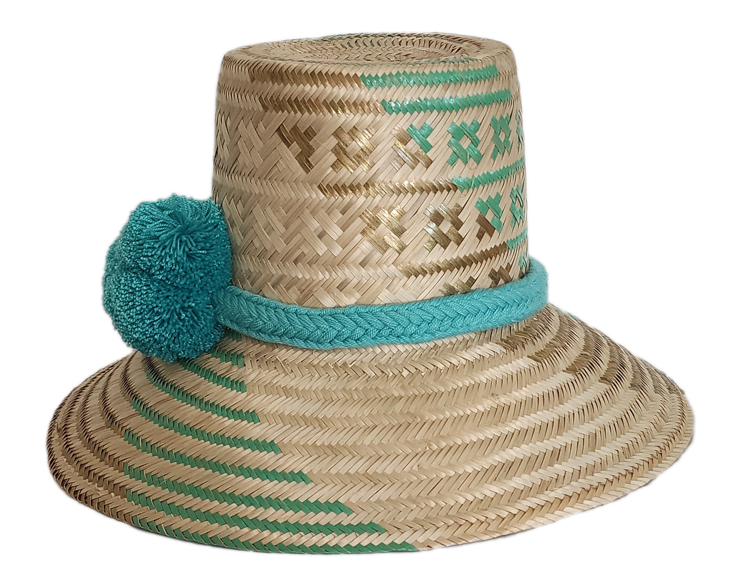 Boho Wayuu straw hat in natural tones with aqua green tribal weave, matching braided band, and teal pom-poms — a minimalist, colorful, and handcrafted bohemian accessory perfect for summer.