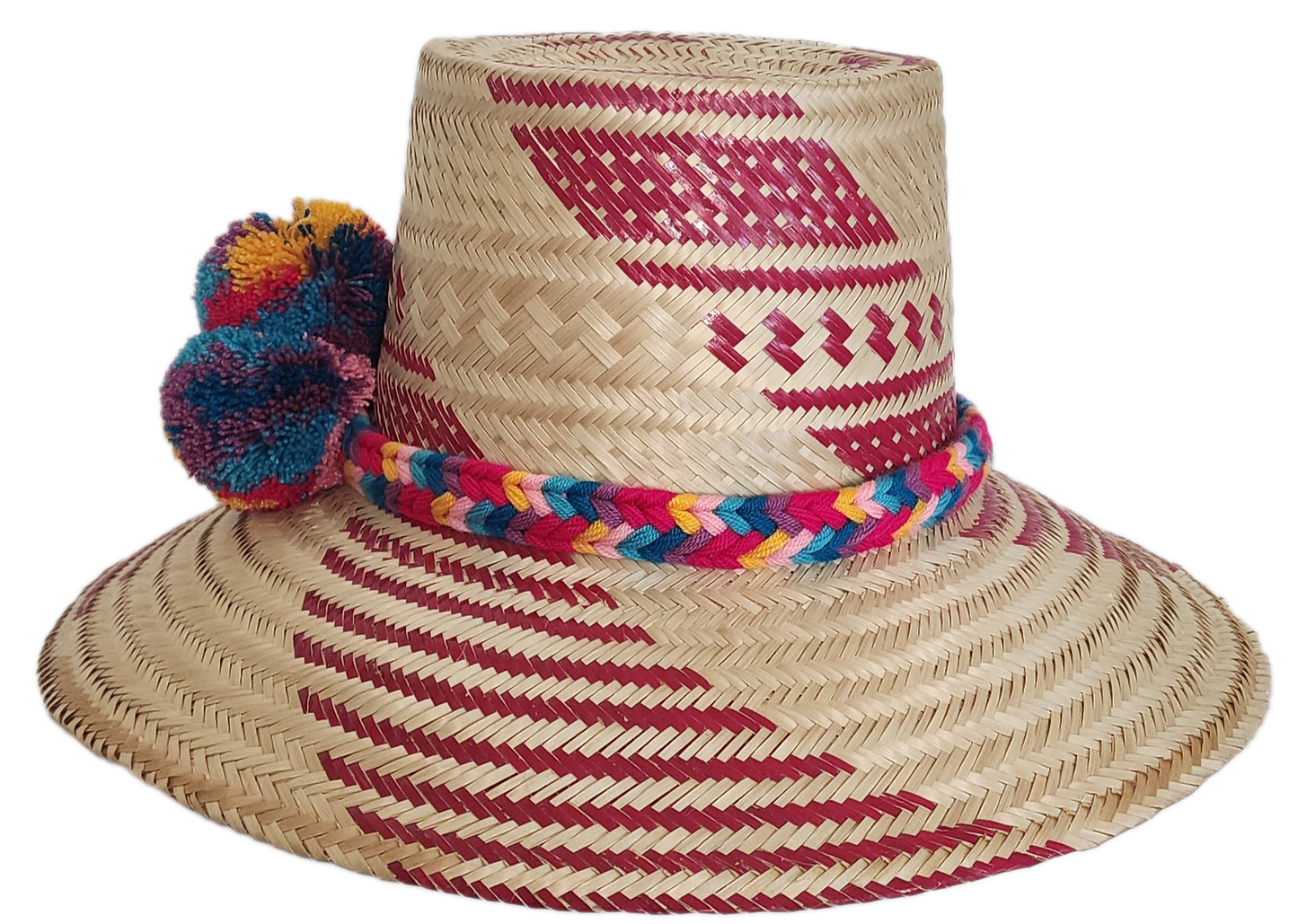 Handmade straw hat with red woven designs and a cheerful, fluffy pompom band in shades of blue, red, yellow, and purple, adding a colorful touch.