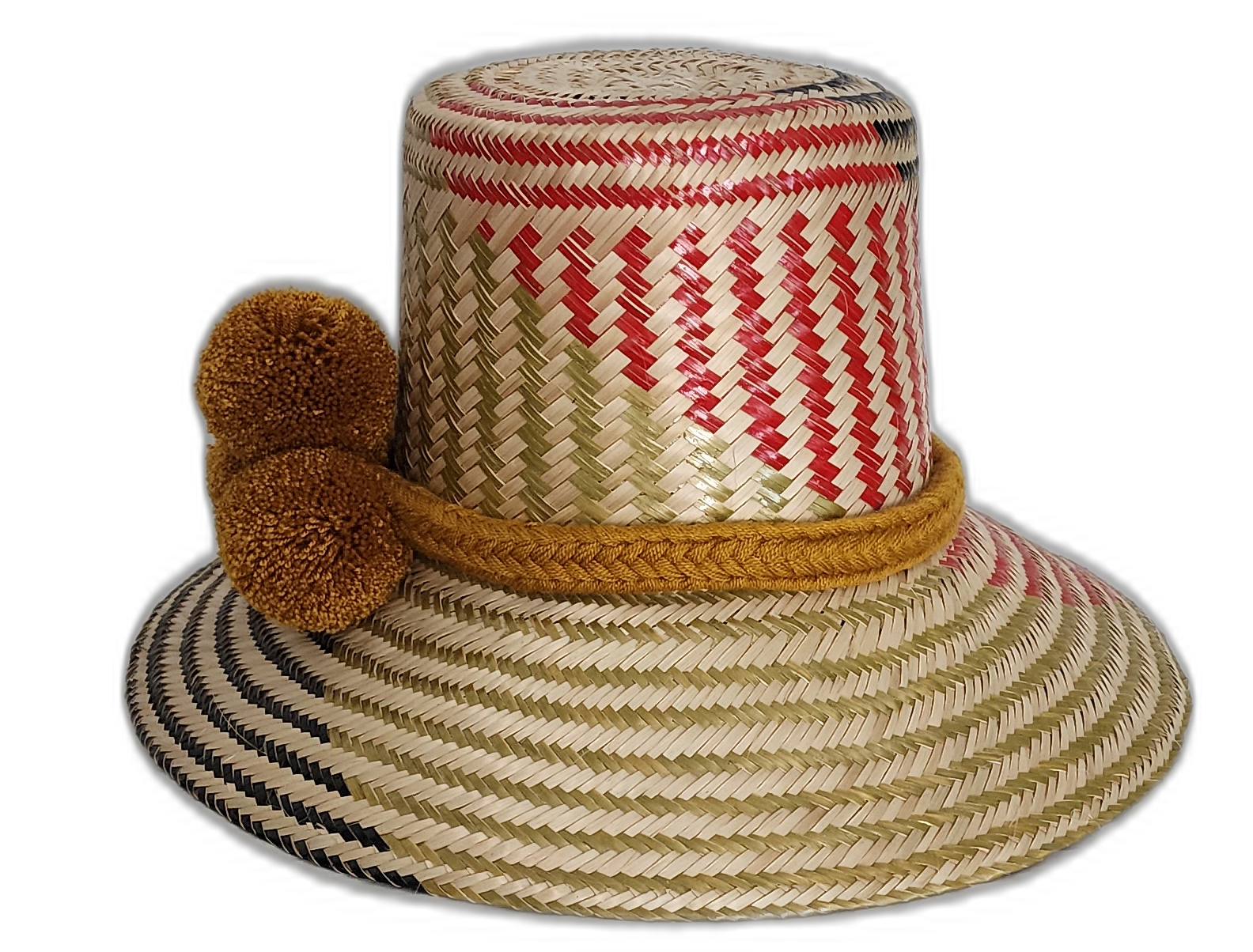 Natural palm Wayuu hat featuring olive, red, and black pattern with yellow trim.Bohemian Wayuu straw hat in muted red, green, and yellow tones with pompoms