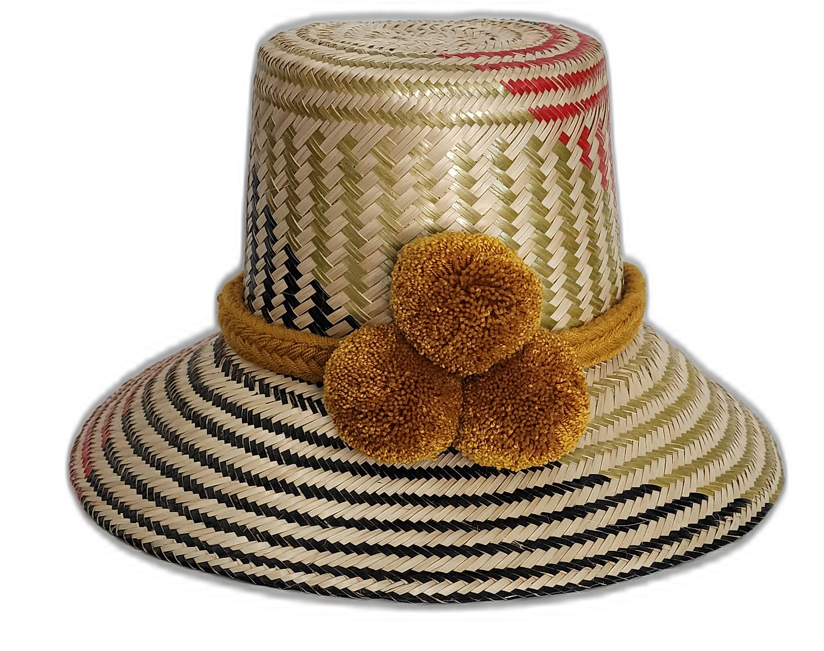 Handmade Wayuu hat with mustard yellow pompoms and black, olive, and red weave.Natural straw boho hat with mustard braided band and subtle artisan weave