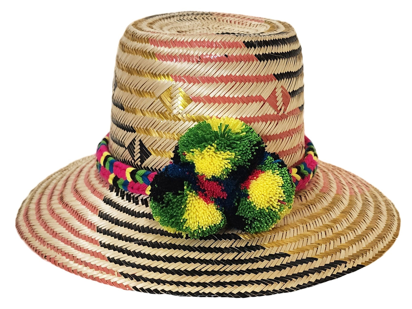 "Artisan-crafted Wayuu hat woven from Iraca palm fibers, adjustable, with vibrant pompoms symbolizing prosperity."