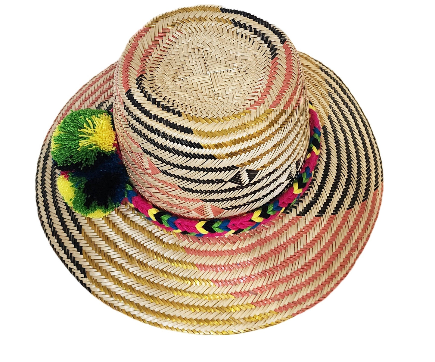 "Artisan-crafted Wayuu hat woven from Iraca palm fibers, adjustable, with vibrant pompoms symbolizing prosperity."