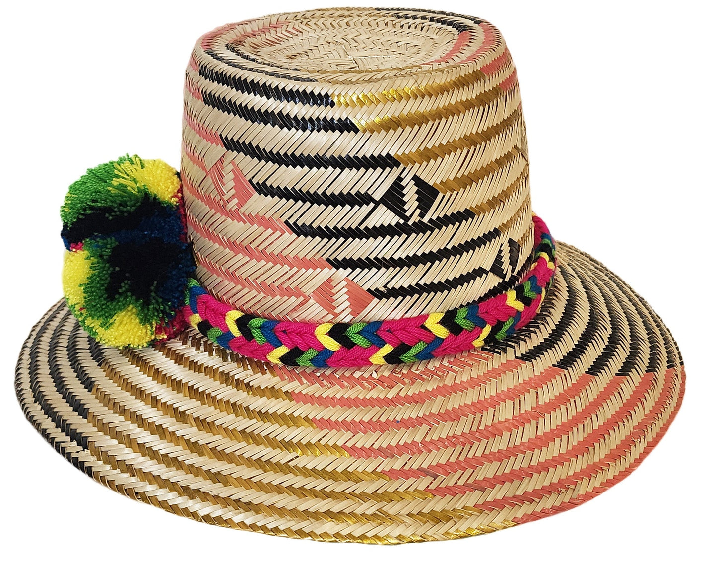 "Artisan-crafted Wayuu hat woven from Iraca palm fibers, adjustable, with vibrant pompoms symbolizing prosperity."