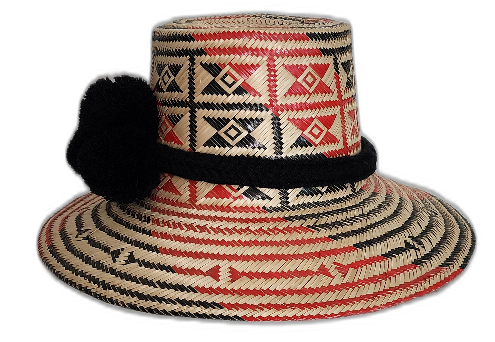 Boho Wayuu hat with bold black and red accents and black wool band