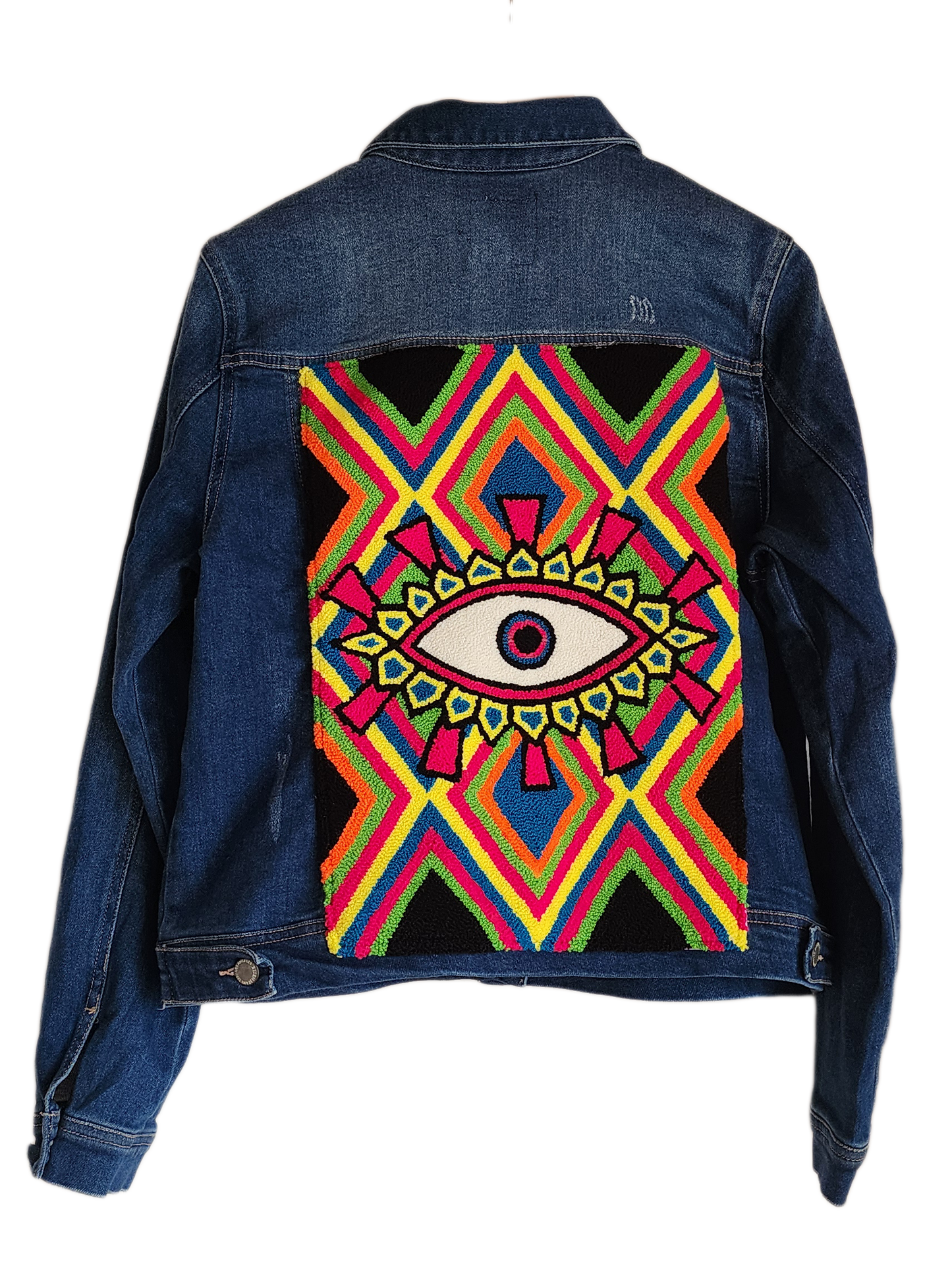 "Artisan-made denim jacket with vibrant, handcrafted punch needle embroidery on the back, showcasing unique, colorful designs
