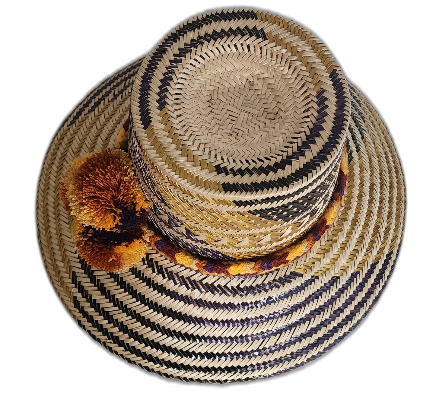 Artisan Wayuu hat with braided yellow band and earthy design