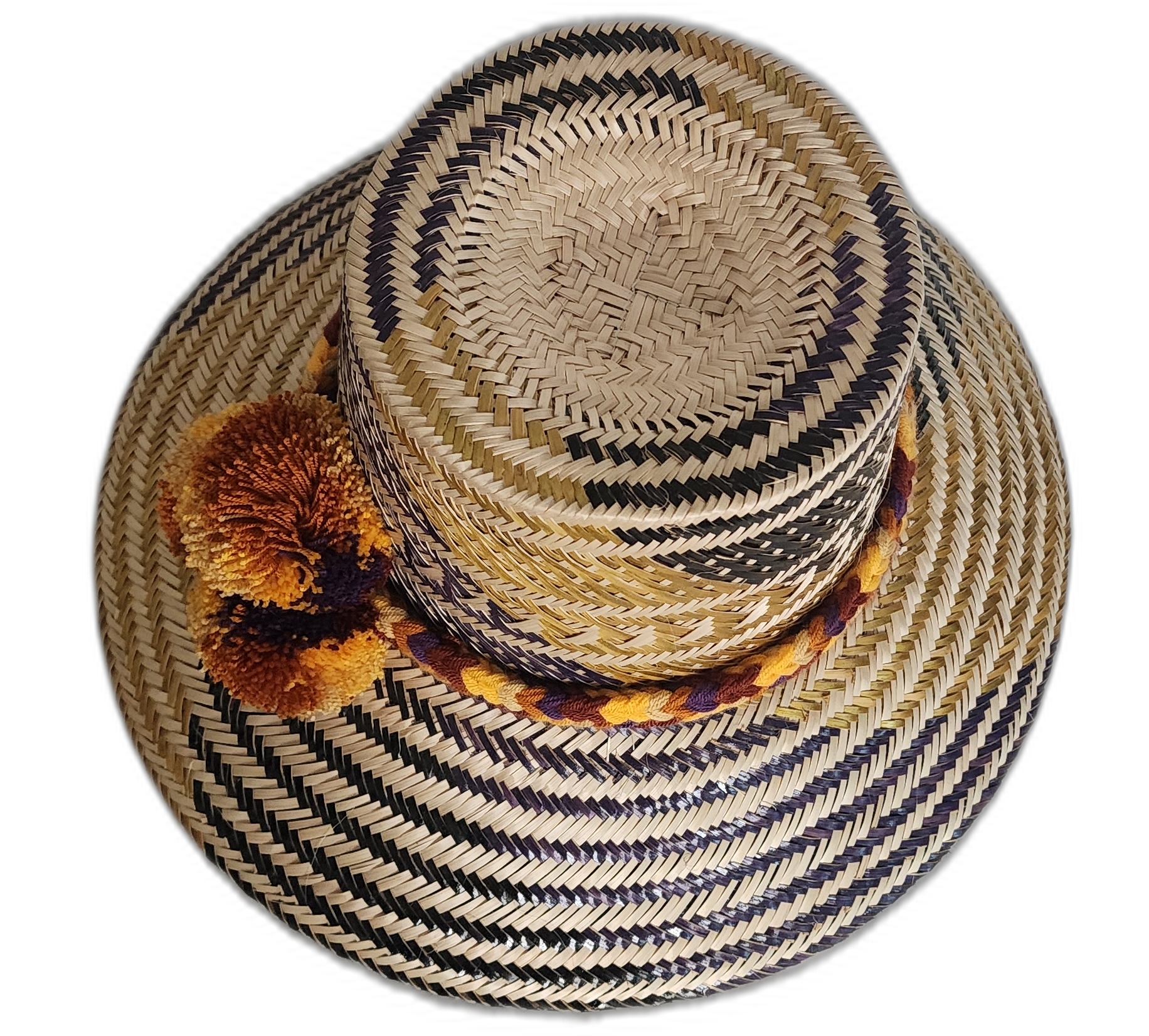 Artisan Wayuu hat with braided yellow band and earthy design