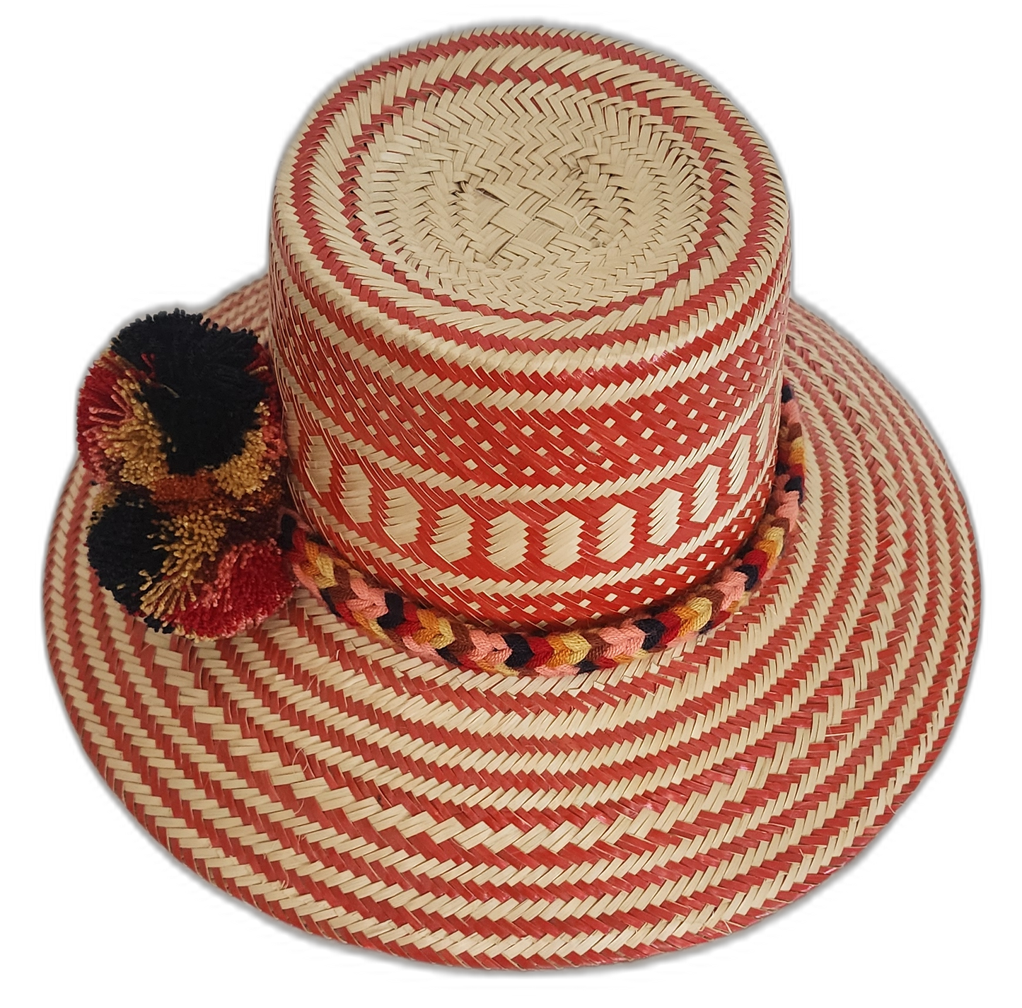 Bohemian Wayuu hat with red tones and handcrafted pompom details