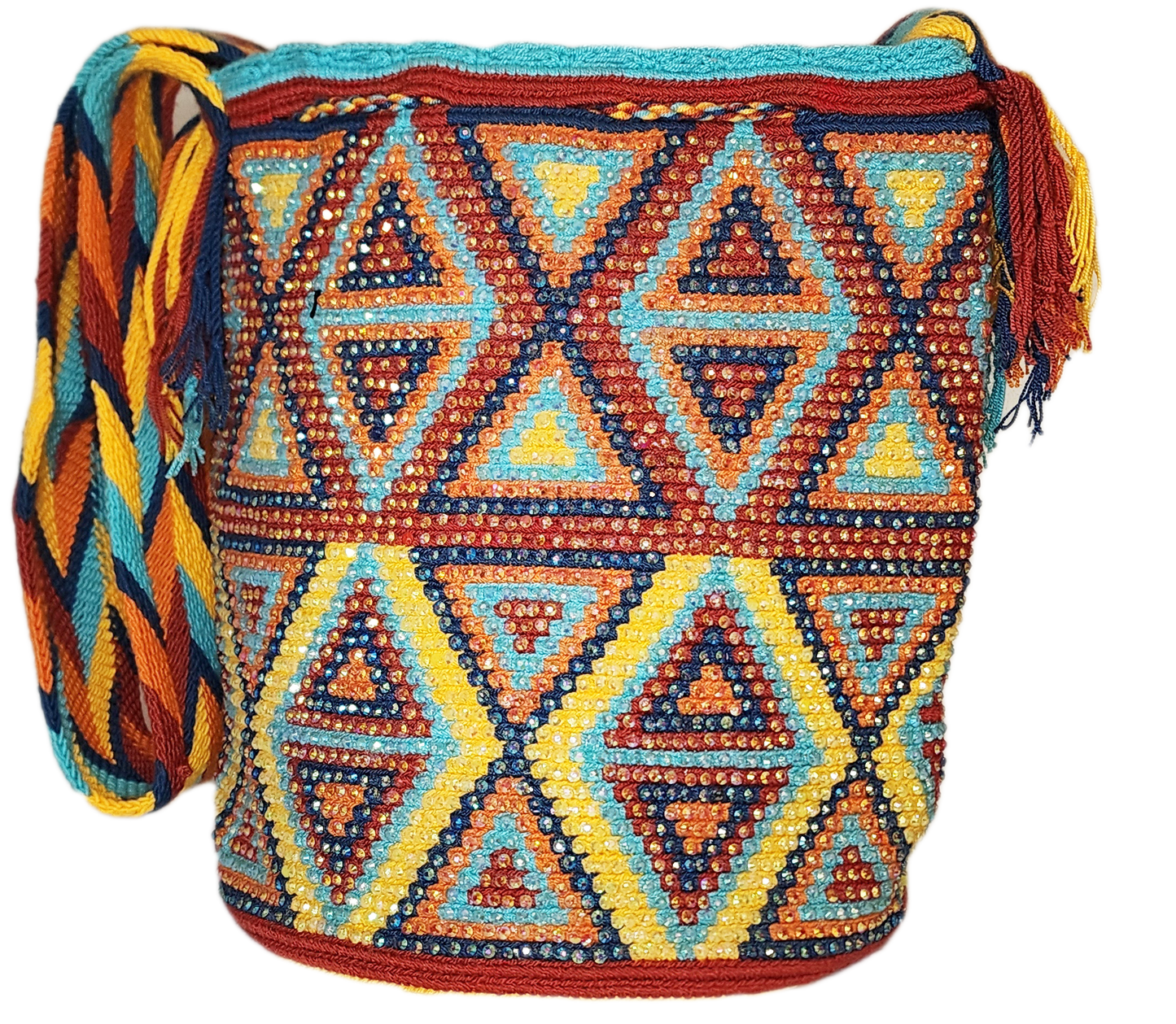 Artisan Wayuu bag featuring vibrant triangle motifs and rainbow strap.