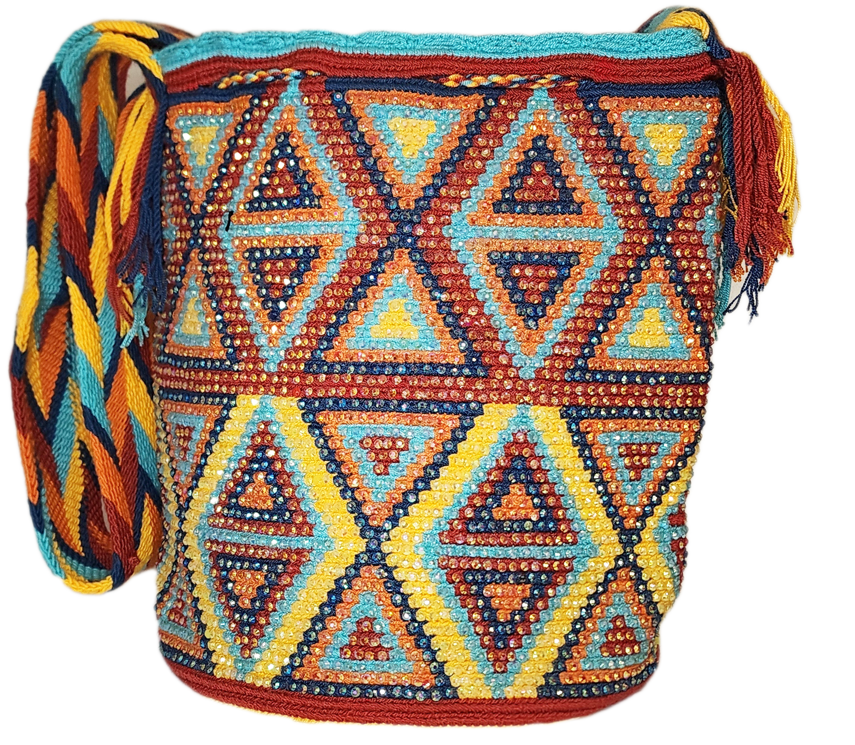 Bottom view Artisan Wayuu bag featuring vibrant triangle motifs and rainbow strap.