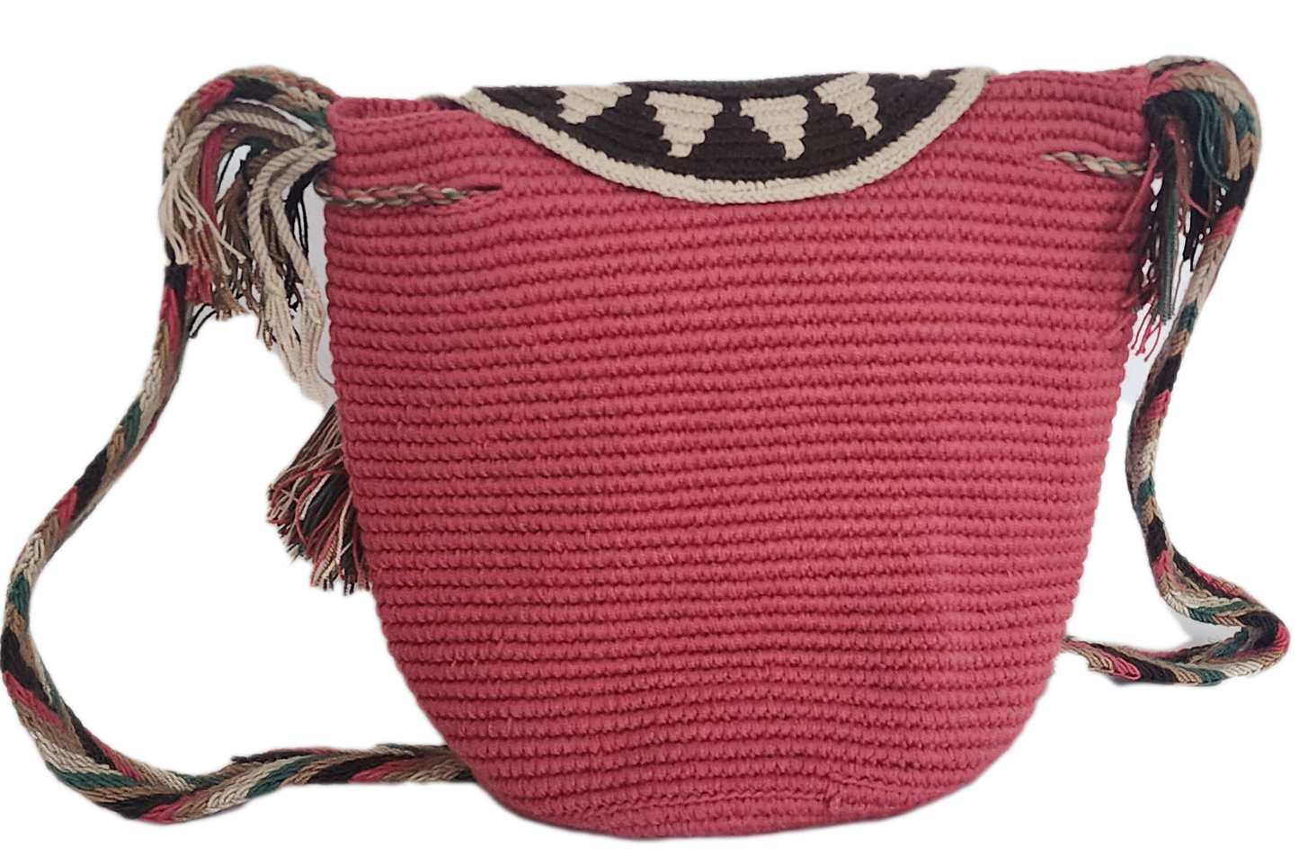 Colorful Wayuu crochet bag with star center, geometric border, and long strap — a handcrafted, bohemian piece perfect for statement outfits.