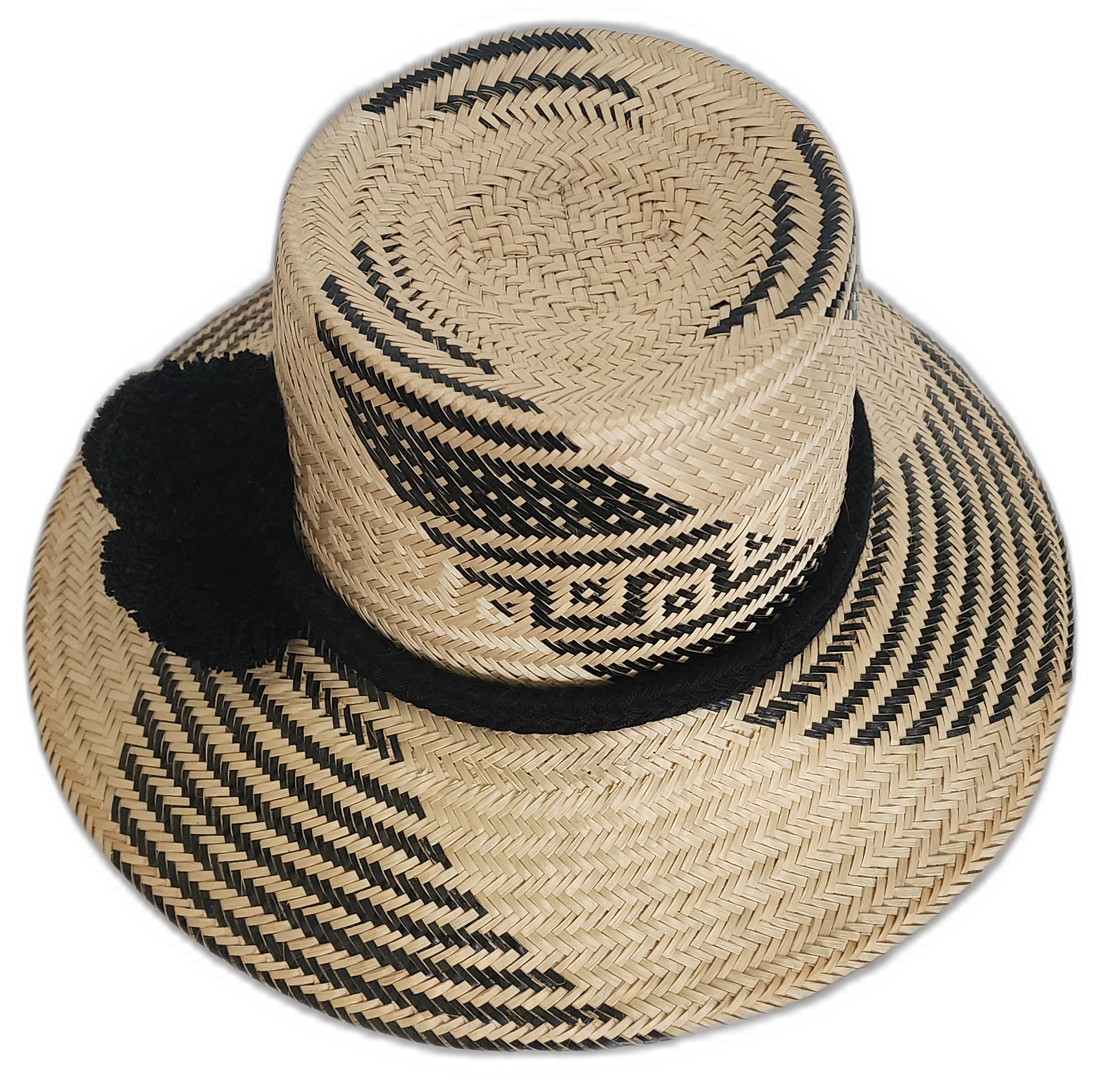 Minimalist Wayuu summer hat with geometric patterns and bold pompoms