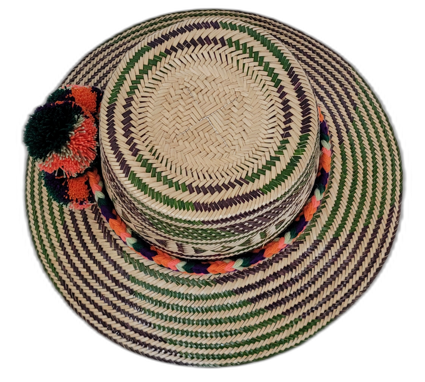Wayuu handmade straw hat in bold colors with cultural pompom details