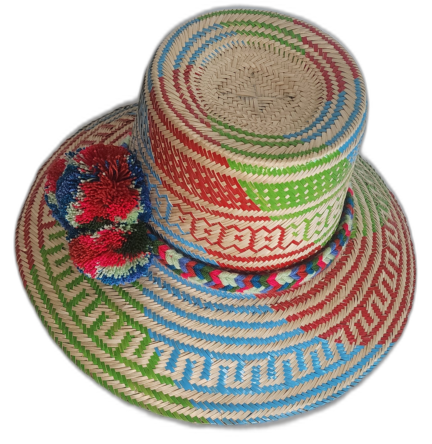 Multicolor Wayuu straw hat made from Iraca palm, decorated with high-contrast colors and handmade detail.