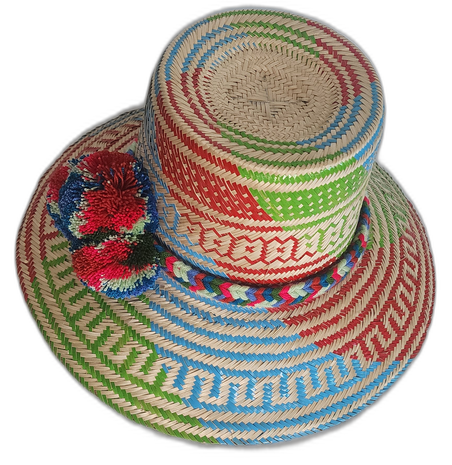 Multicolor Wayuu straw hat made from Iraca palm, decorated with high-contrast colors and handmade detail.