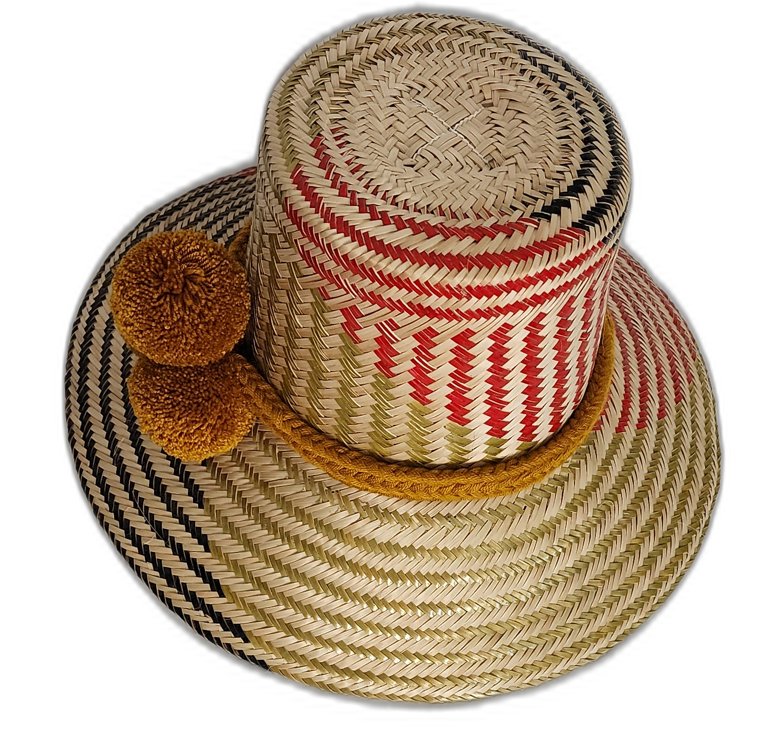 Boho Chick Wayuu hat with mustard pompoms and colorful woven design