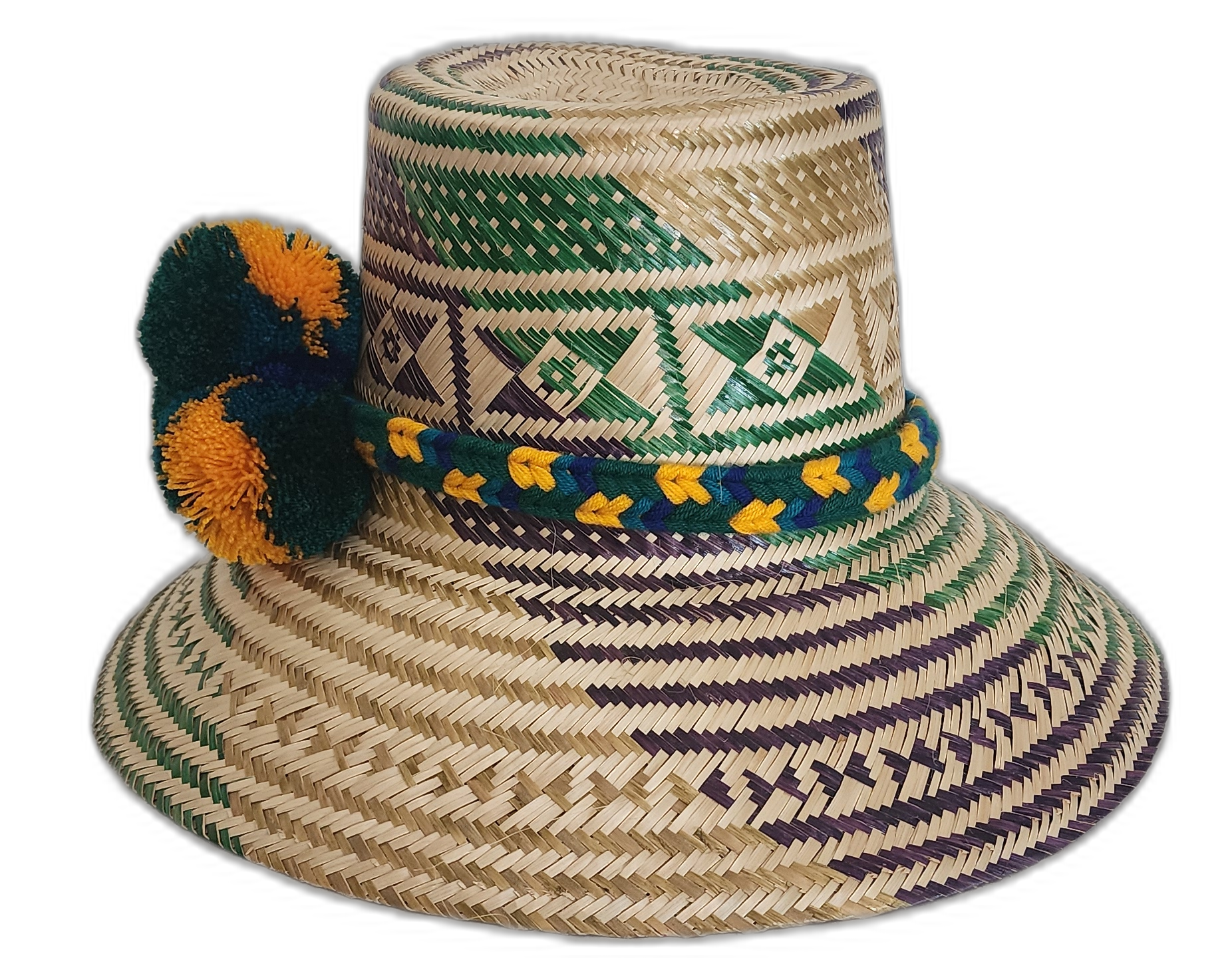 Boho hat with tribal patterns and artisan pompoms in gold and emerald