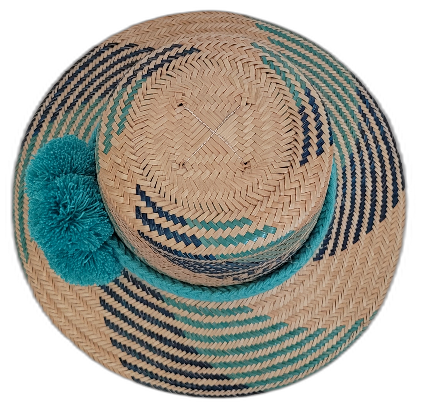 Vibrant turquoise and navy Wayuu handmade straw hat, perfect for a colorful boho summer.