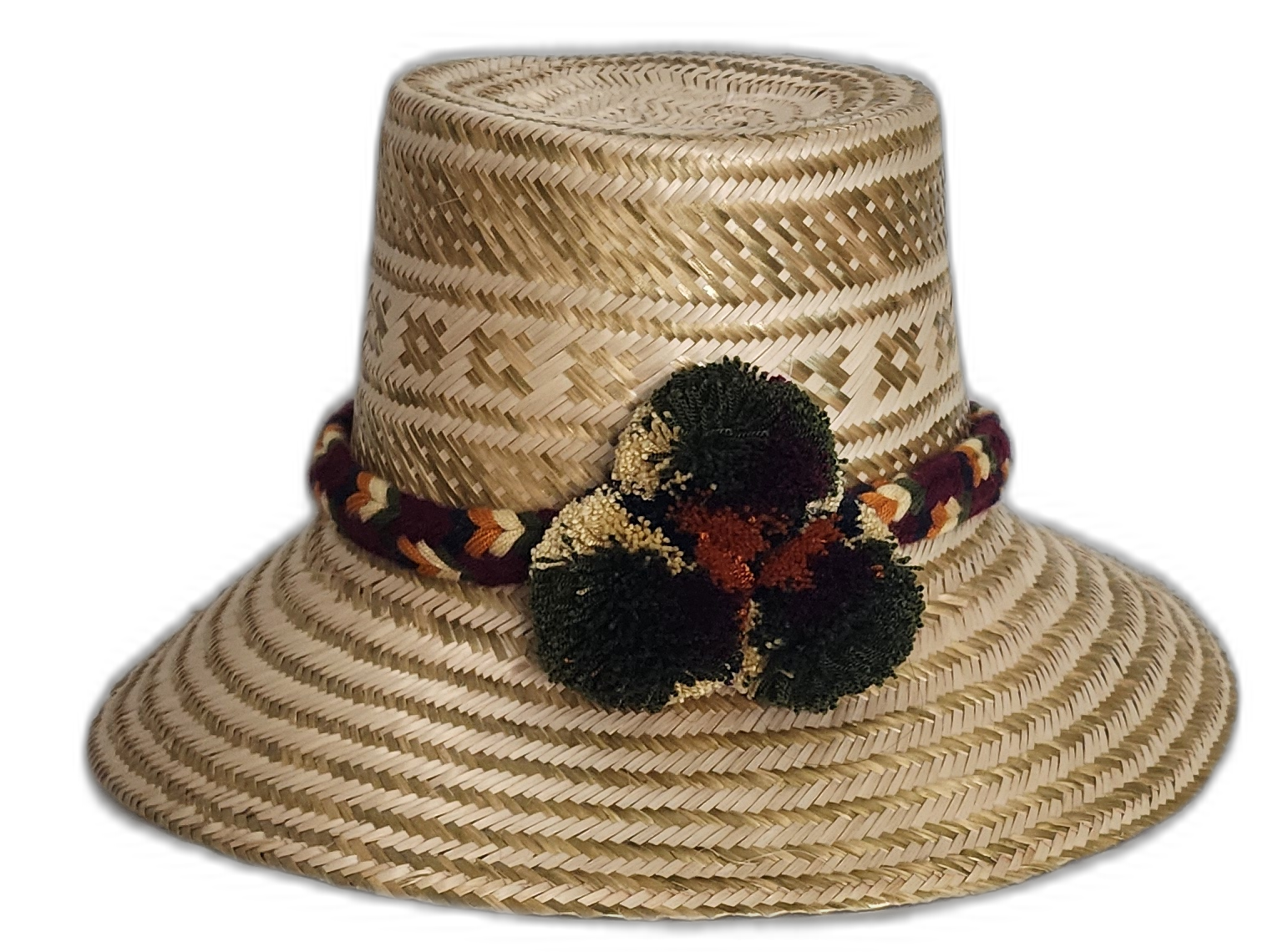 Handmade Wayuu hat with forest green, rust, and golden pompoms.Athena handmade Wayuu hat with tan weave and forest green, orange, and cream pompoms