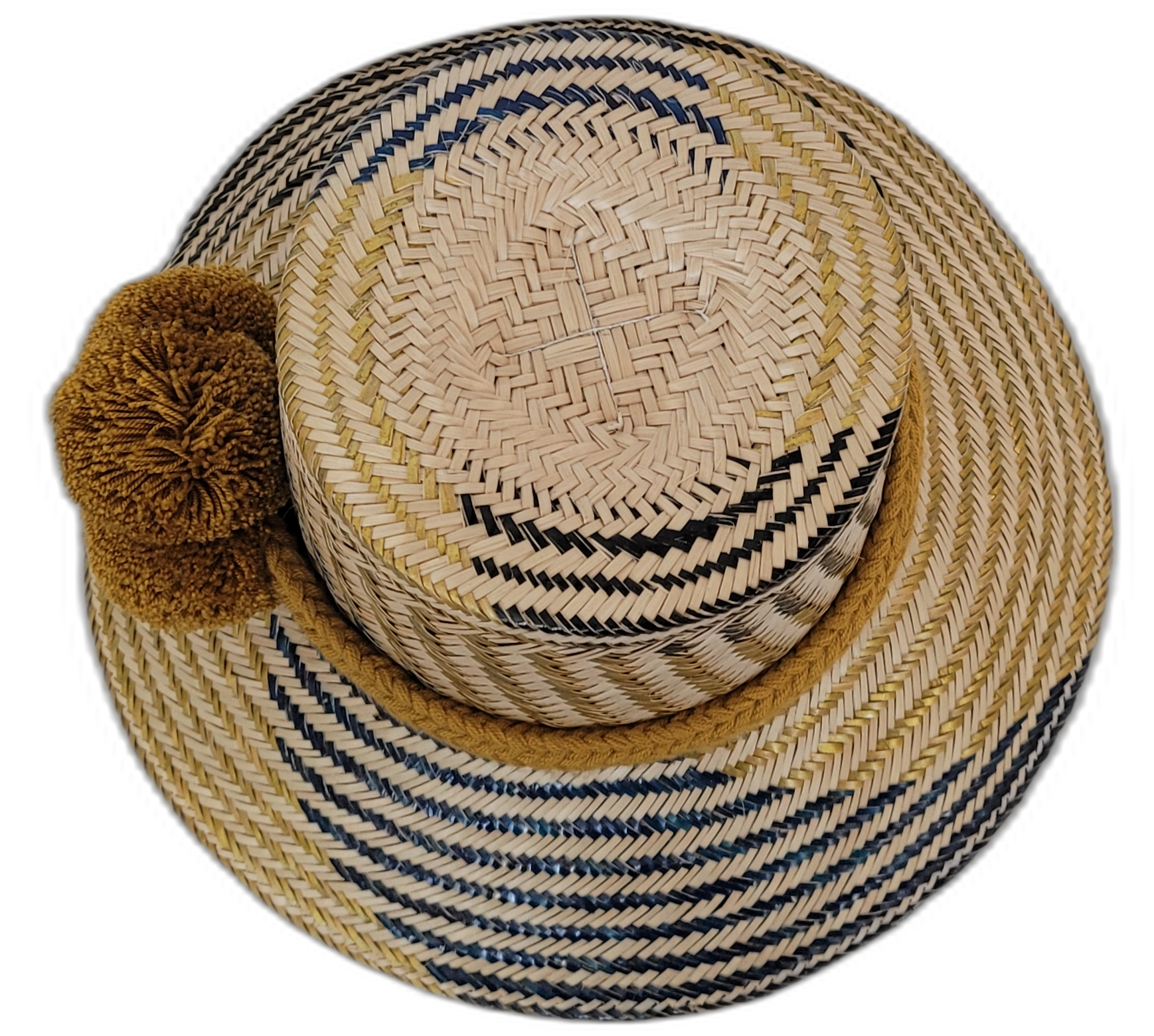 Elegant bohemian hat with bold blue and gold weave, handwoven by Wayuu artisans