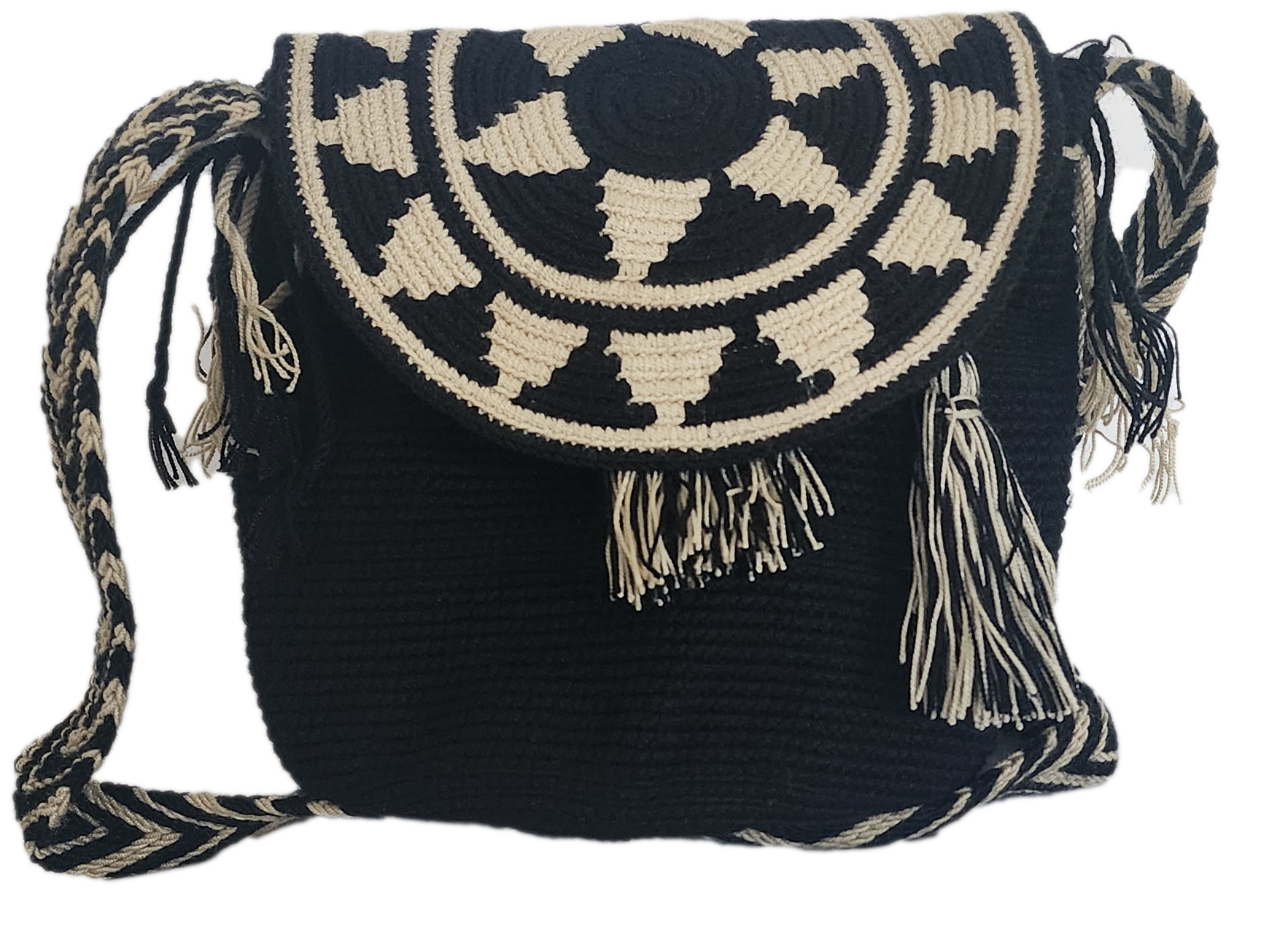 Boho chick crochet Wayuu bag in black and beige with braided strap and geometric flap, handmade by Wayuu artisans.