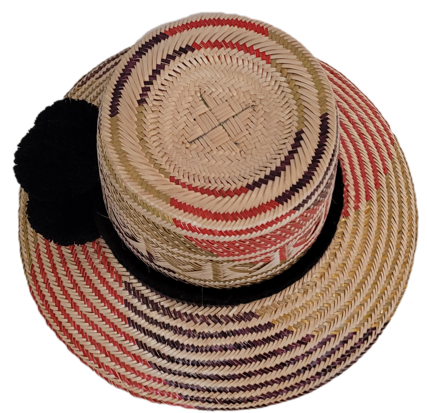 Bohemian Wayuu straw hat featuring multicolor shapes and black accents