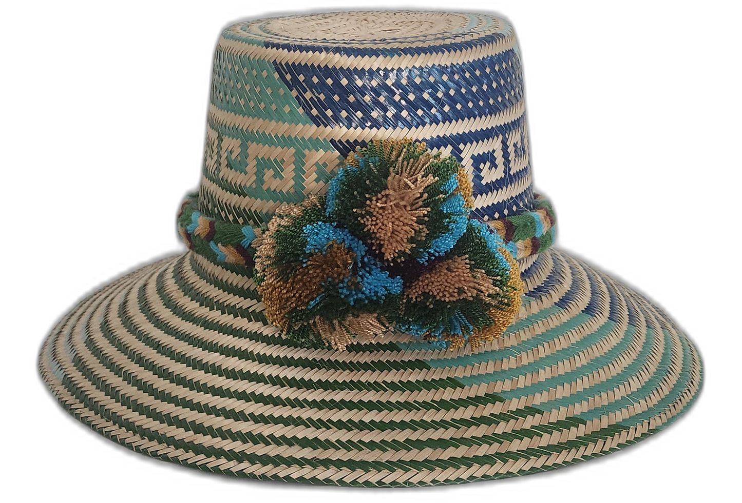 Handmade Boho Straw Hat with blue, green, and brown pompoms by Wayuu artisans