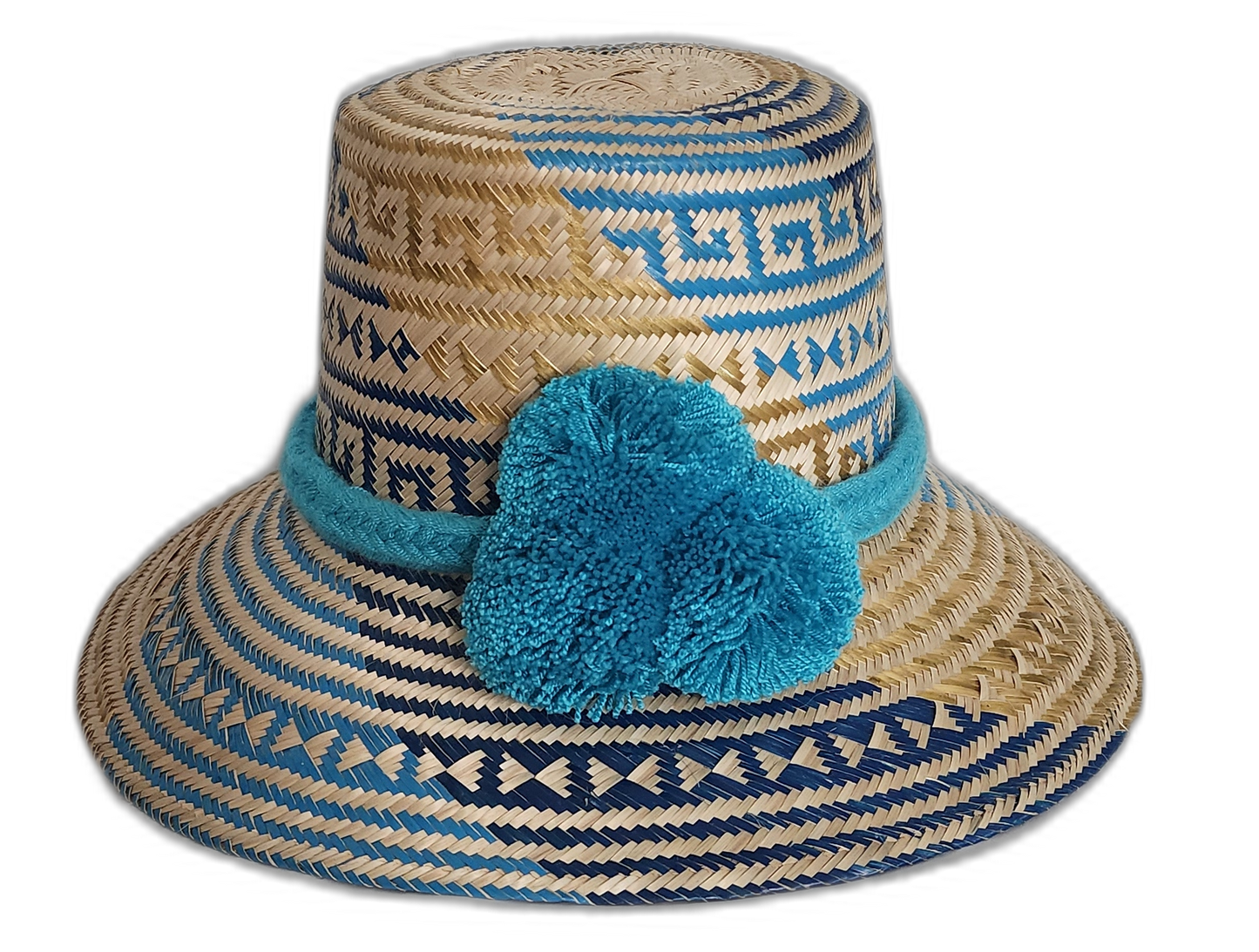 Handmade Wayuu straw hat with navy and sky blue weave and turquoise pompoms
