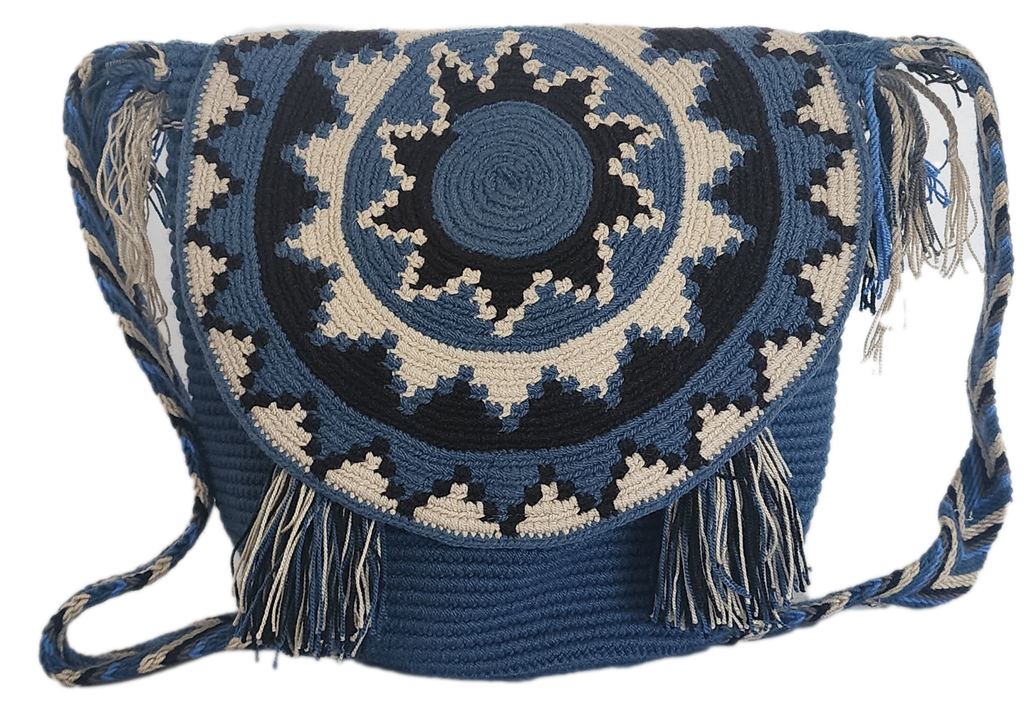 ohemian Wayuu shoulder bag in layered shades of blue with circular crochet flap and tassels — a colorful handmade artisan accessory.