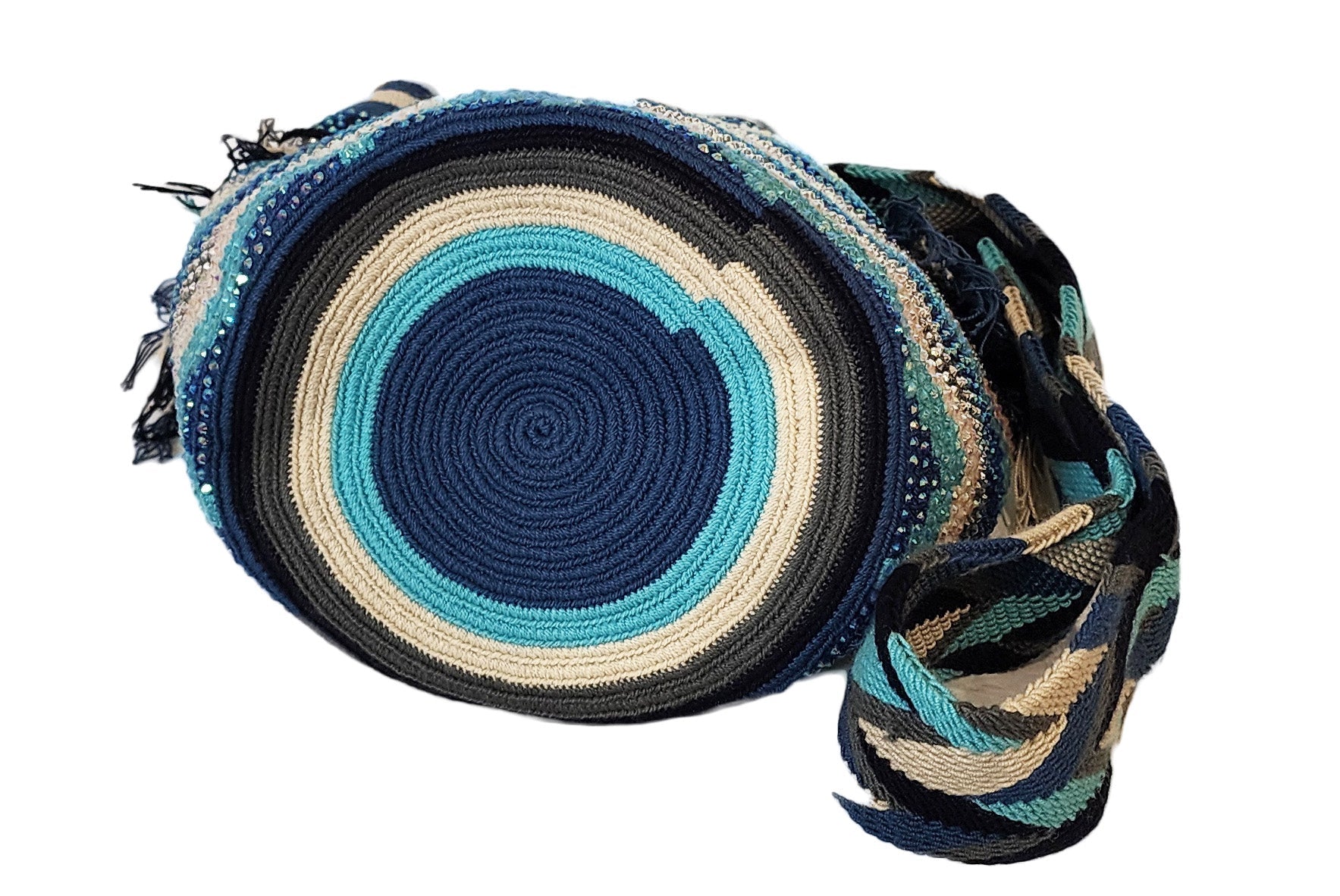 Bohemian handmade crochet bag with blue tones, tassels, and crystals.