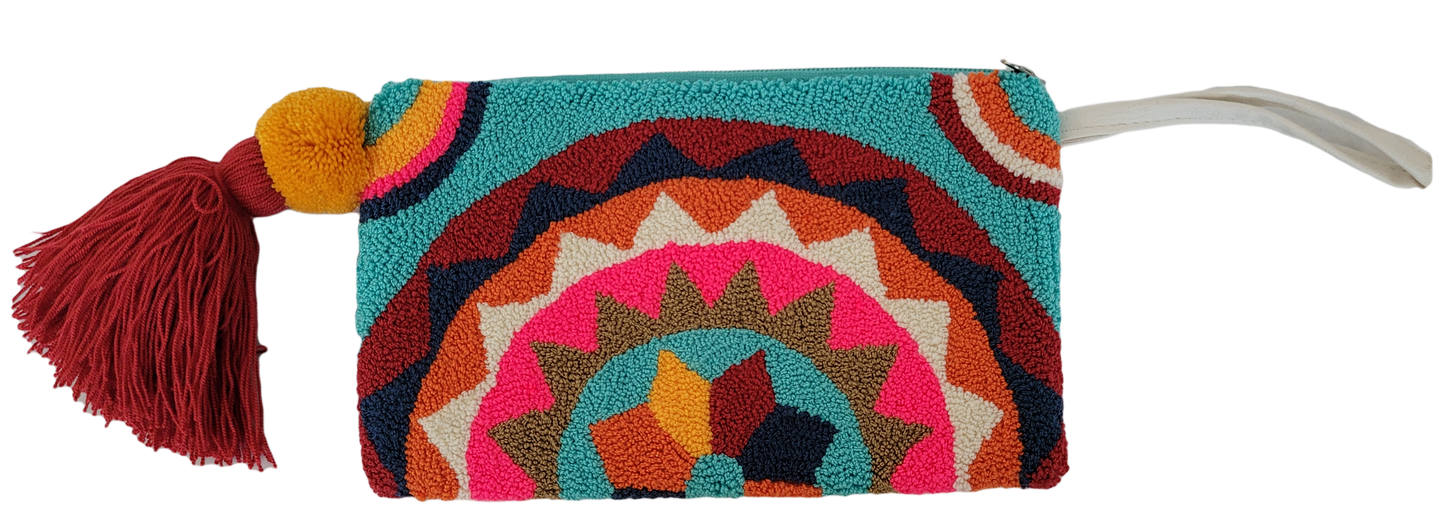 Multicolored bohemian Wayuu wristlet with red tassel