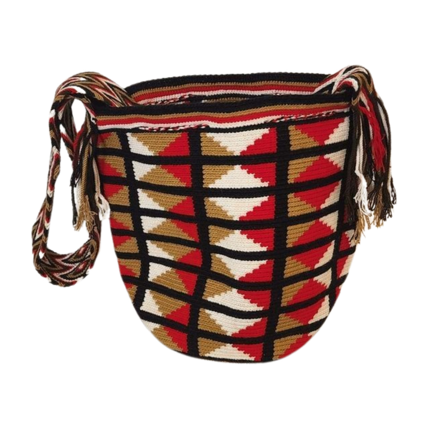 Bottom view Large red, black, and beige Wayuu mochila bag with geometric crochet and tassels