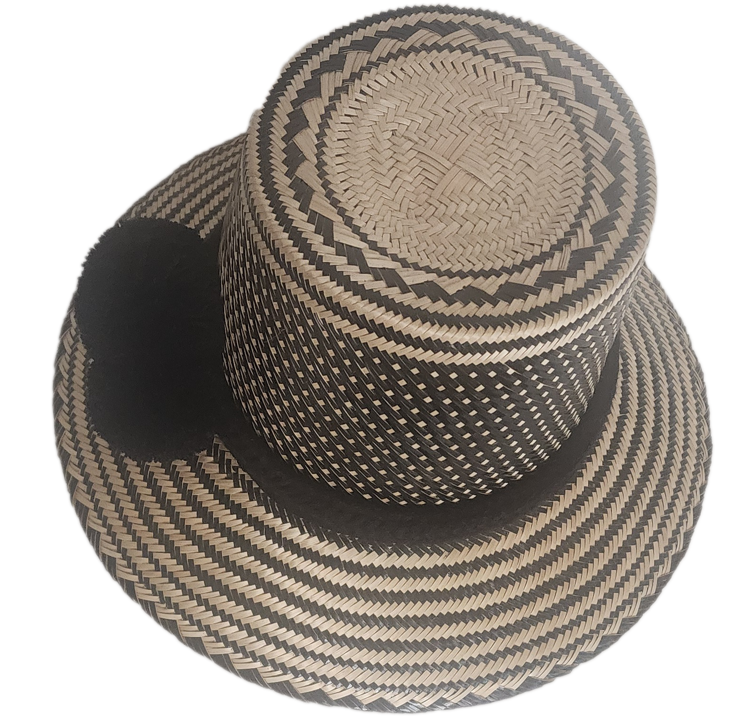 Bohemian handmade straw hat with elegant black pattern and bold shape