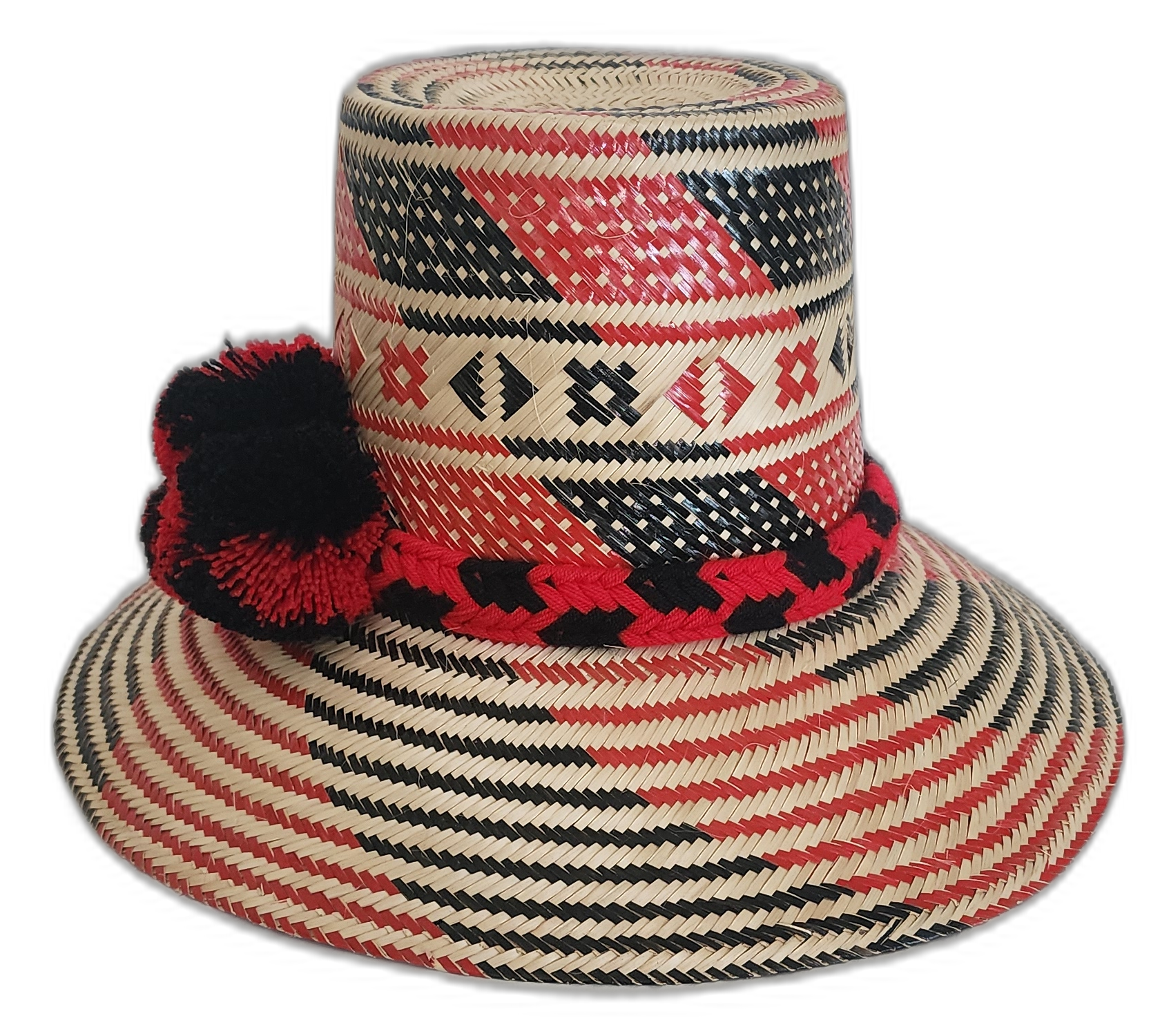 Colorful bohemian Wayuu hat with cultural pompoms and tribal weave