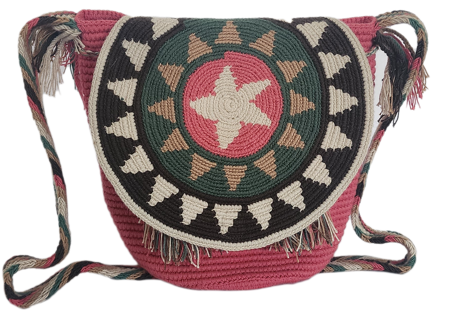 Boho-style artisan Wayuu bag in pink tones featuring a crochet star motif and bold tribal design — handmade for the free-spirited fashion lover.
