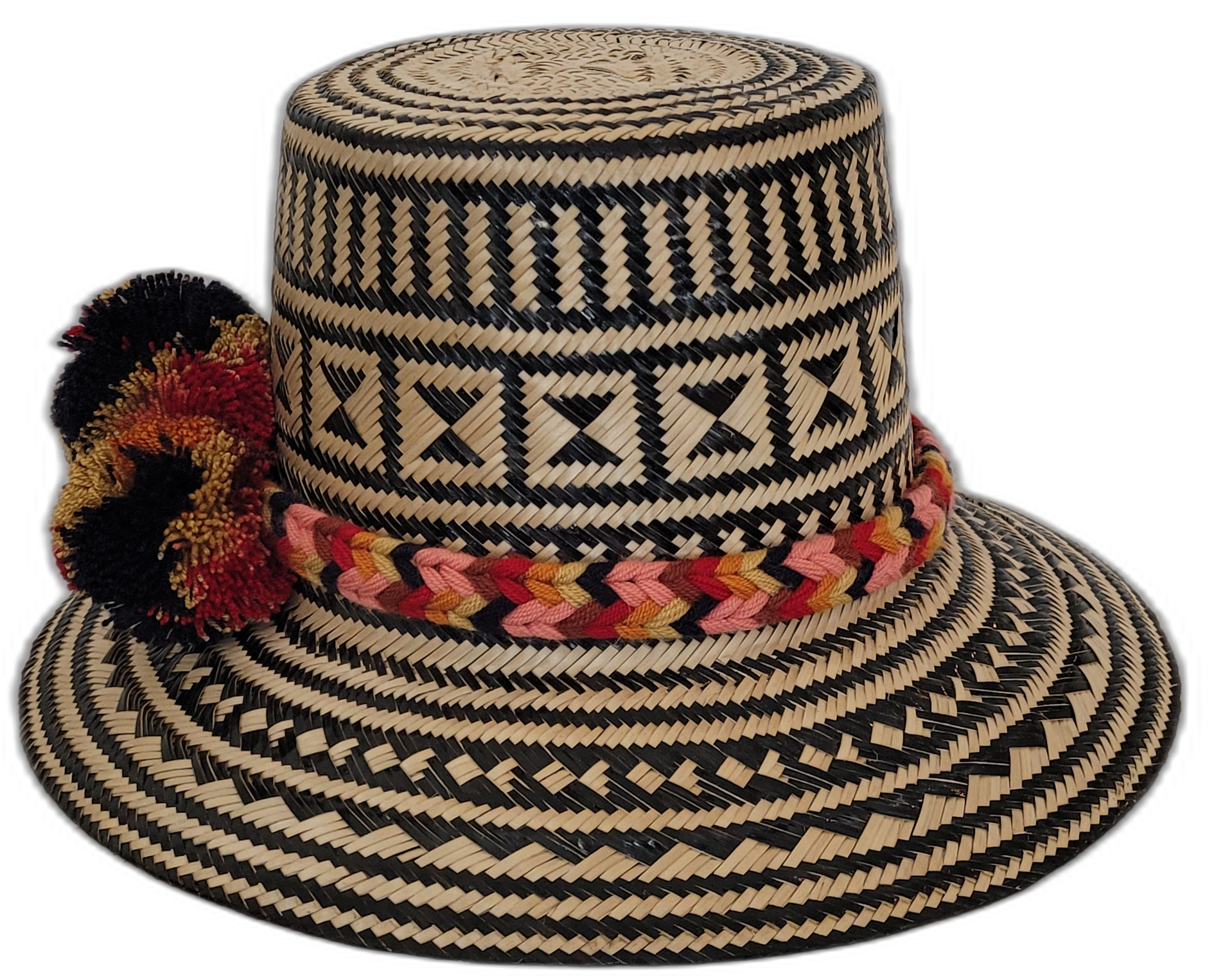Boho Wayuu hat with bold weave and braided band in artisan style