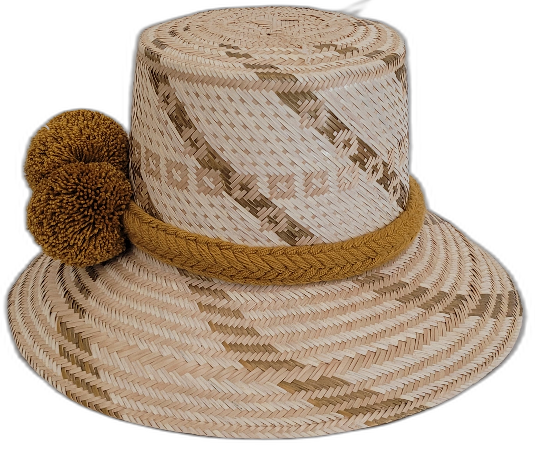 Artisan-crafted Wayuu hat, light straw with earthy gold pompoms.