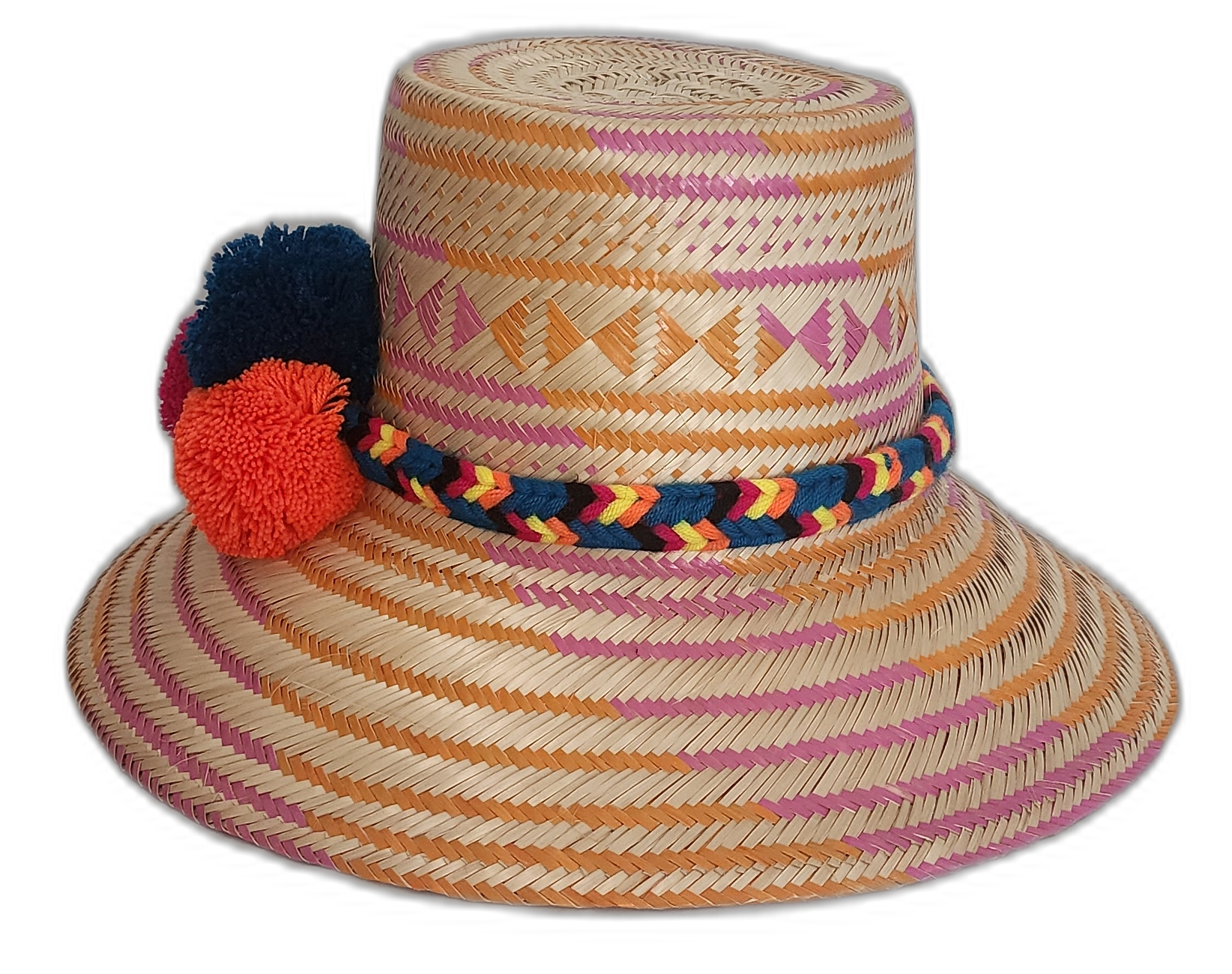 Boho chic artisan straw hat with bold geometric pattern and vibrant colorful pompom trio.
