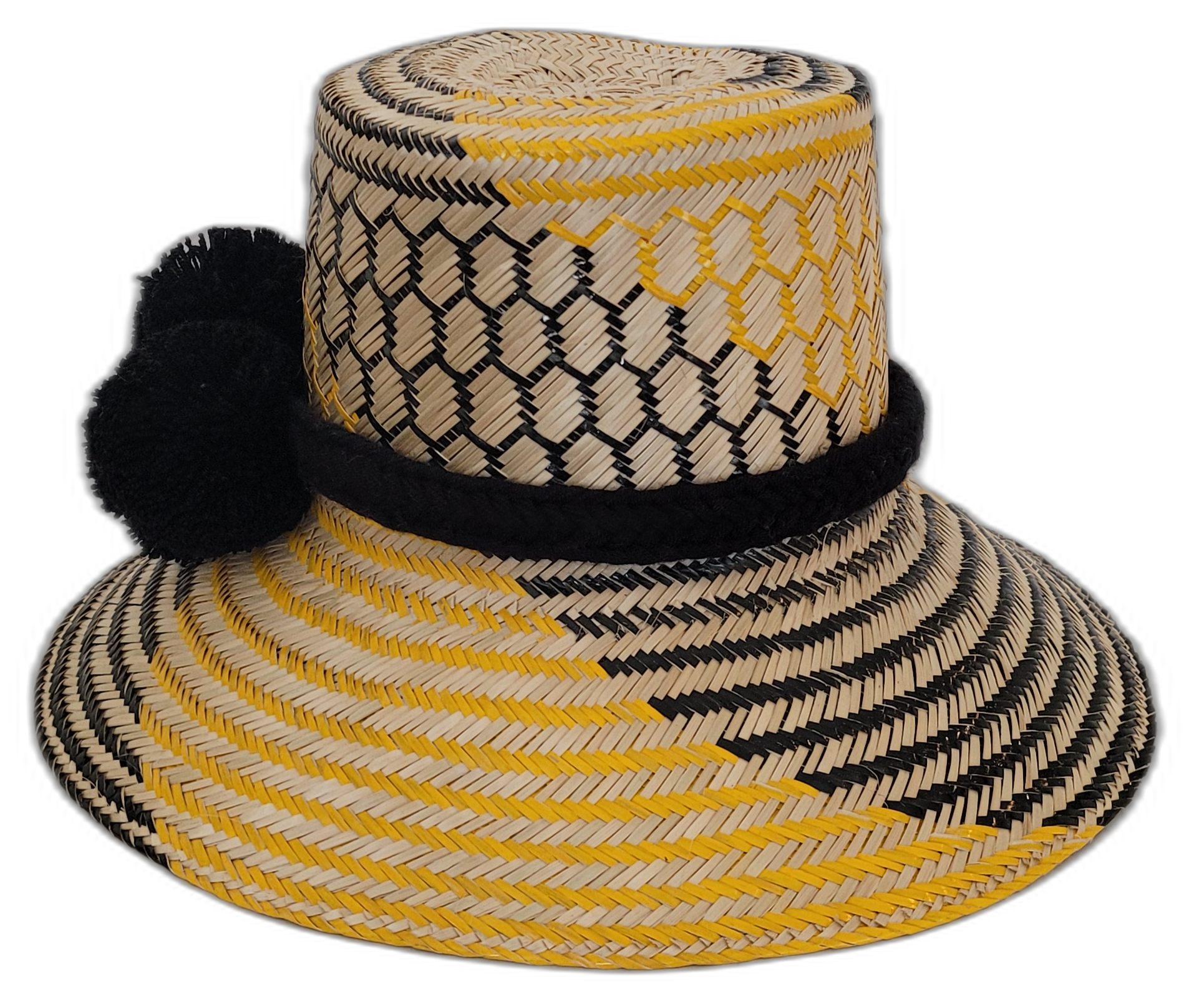 Bohemian chick hat with natural palm, black braid, and artisan detail