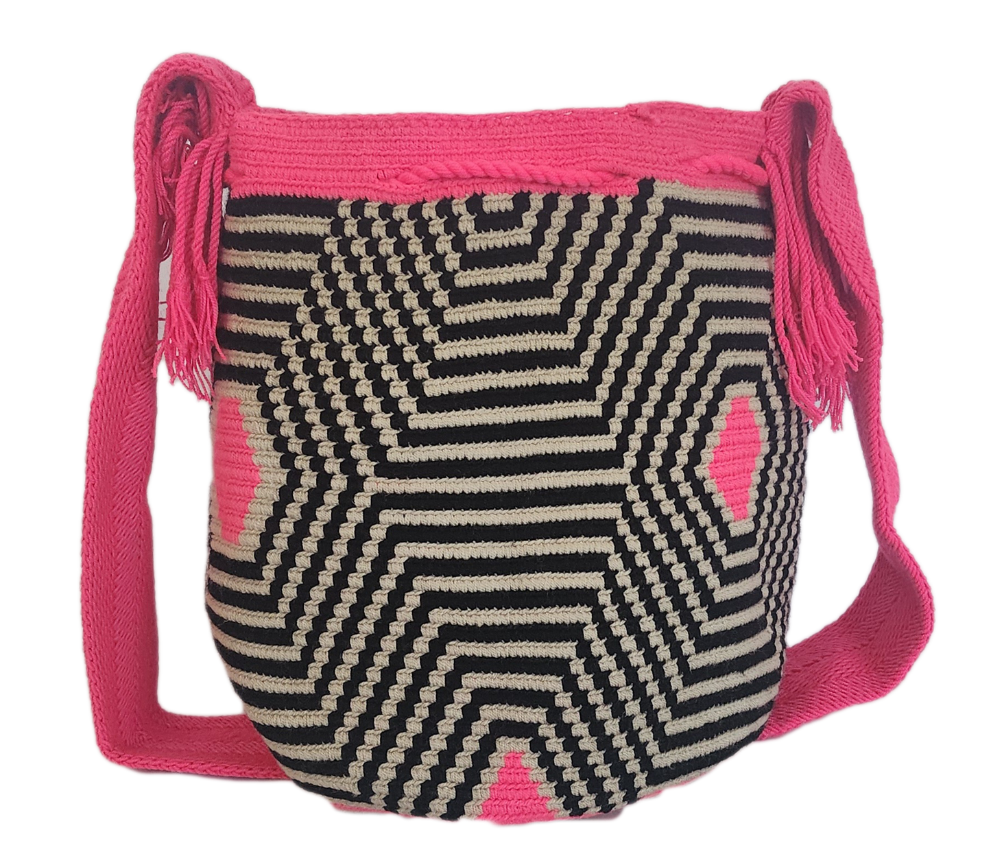 Bohemian Wayuu crochet shoulder bag with neon pink details and black geometric pattern — handmade artisan bag for vibrant, standout style.