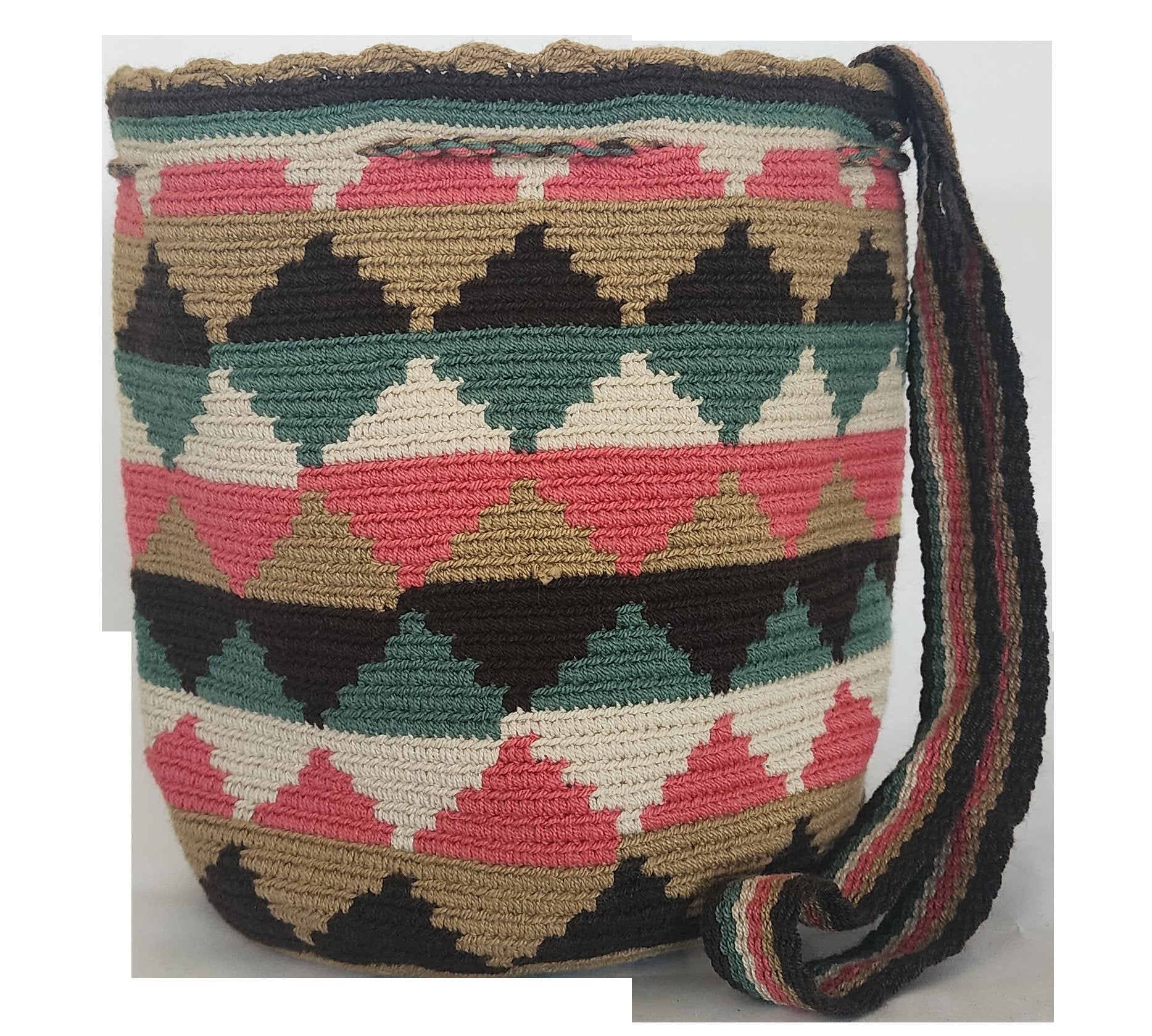 Bottom view Colorful artisan Wayuu bag with woven crochet texture and long tassels — a statement boho accessory handcrafted with care.
